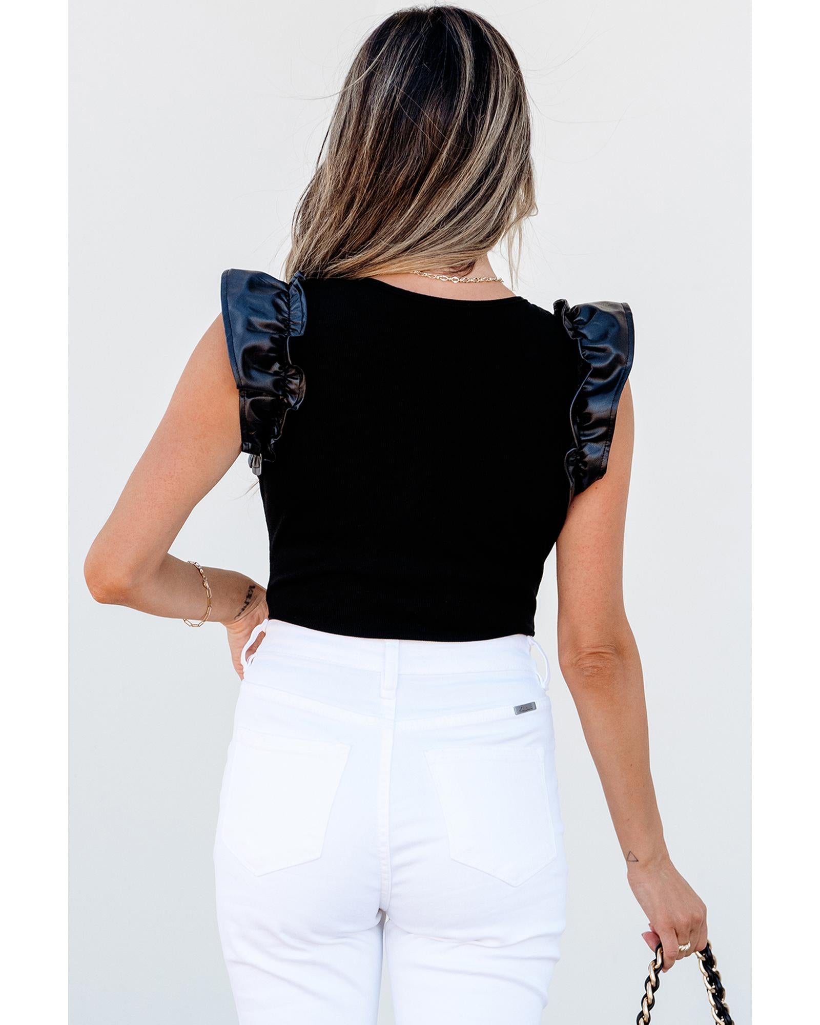 Black Leatherette Ruffle Patchwork Ribbed V Neck Bodysuit - M