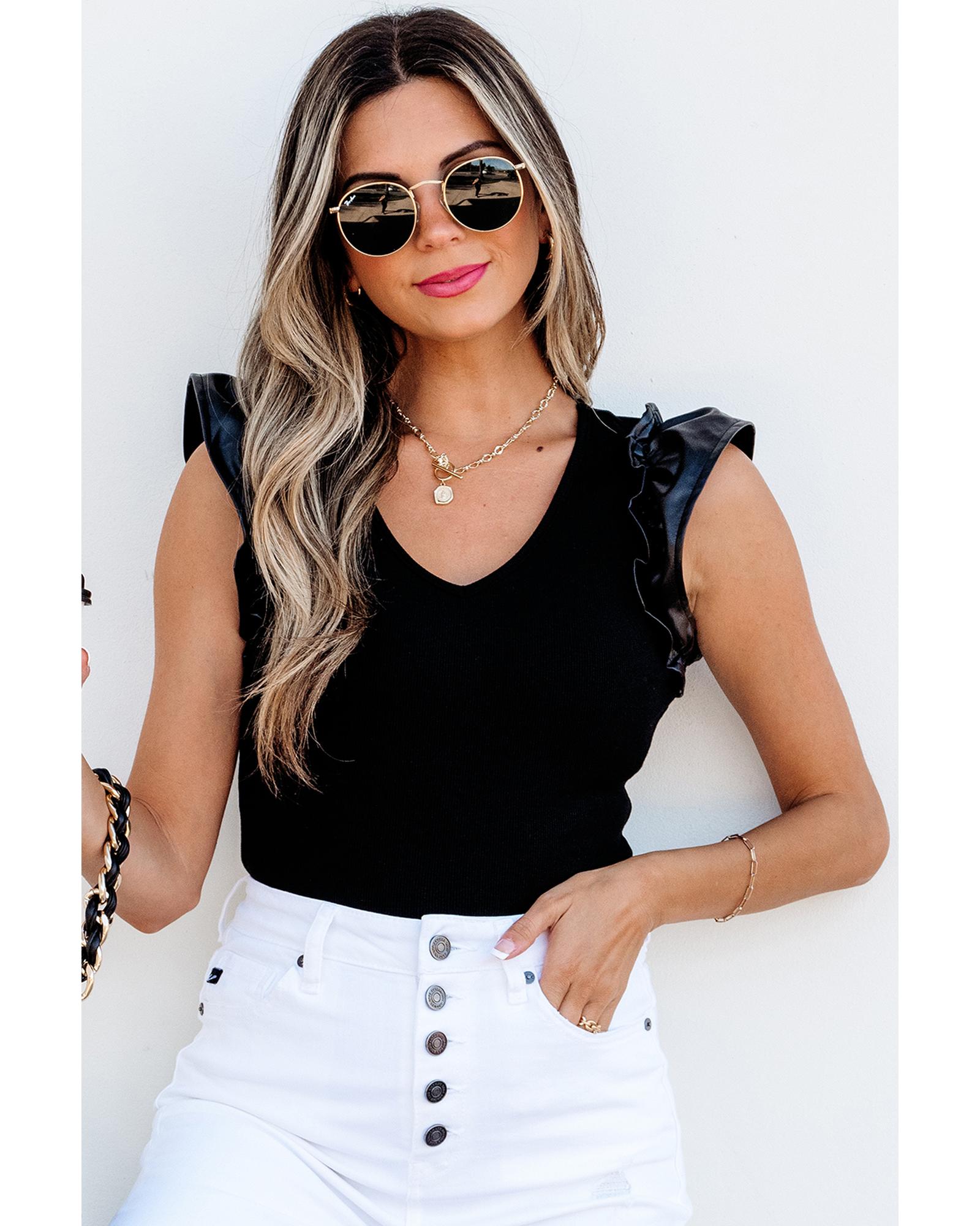 Black Leatherette Ruffle Patchwork Ribbed V Neck Bodysuit - M