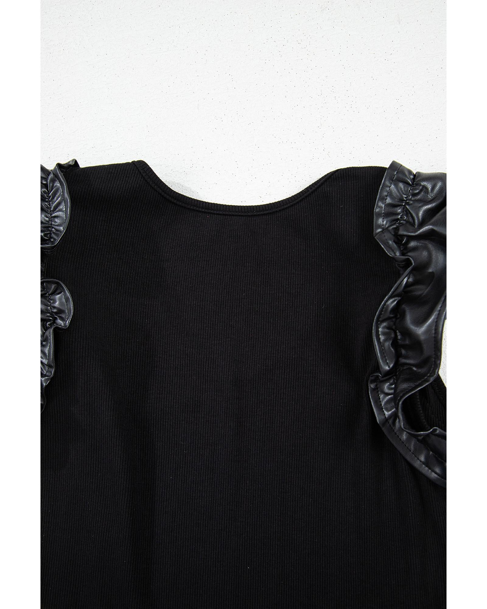 Black Leatherette Ruffle Patchwork Ribbed V Neck Bodysuit - M