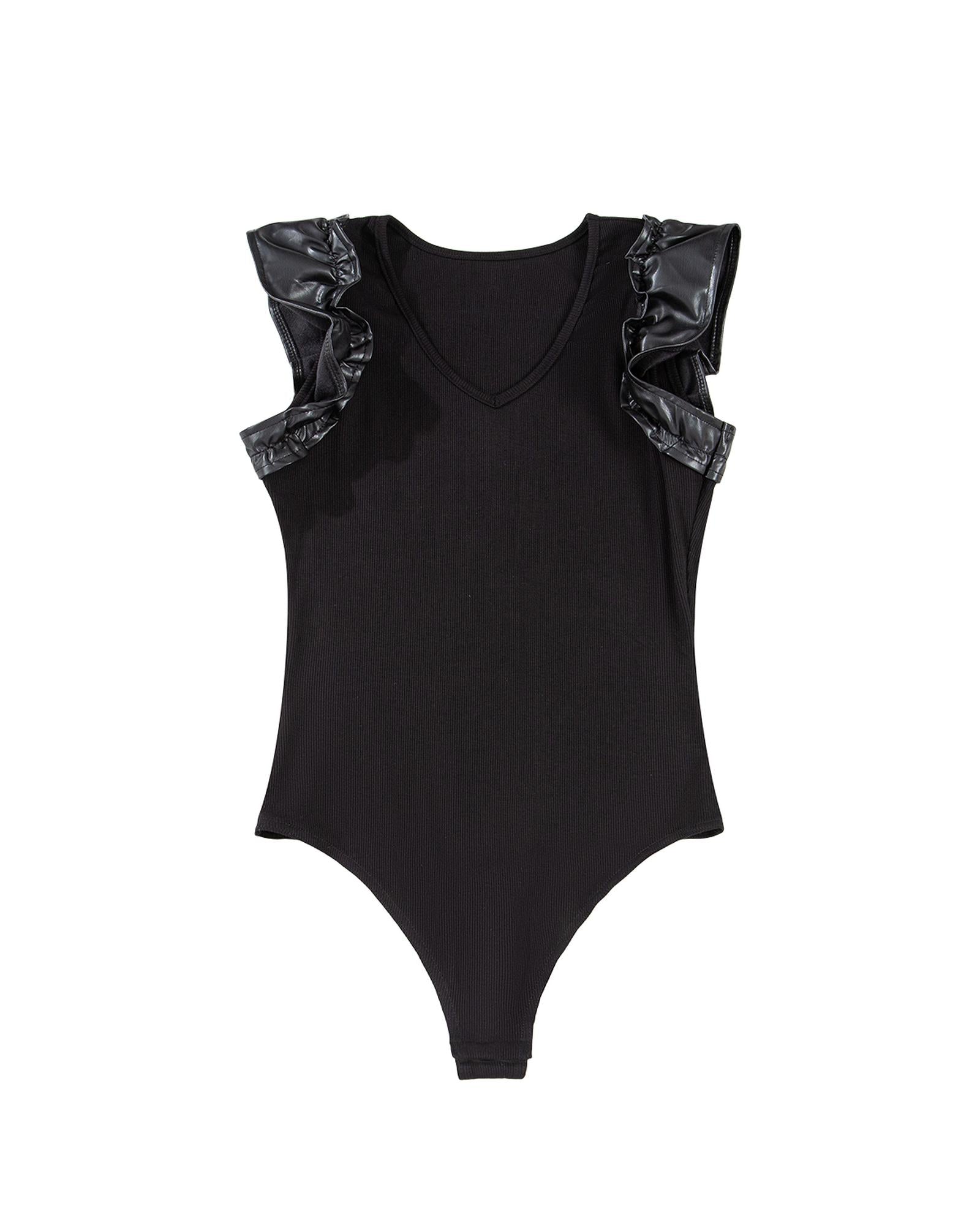 Black Leatherette Ruffle Patchwork Ribbed V Neck Bodysuit - M