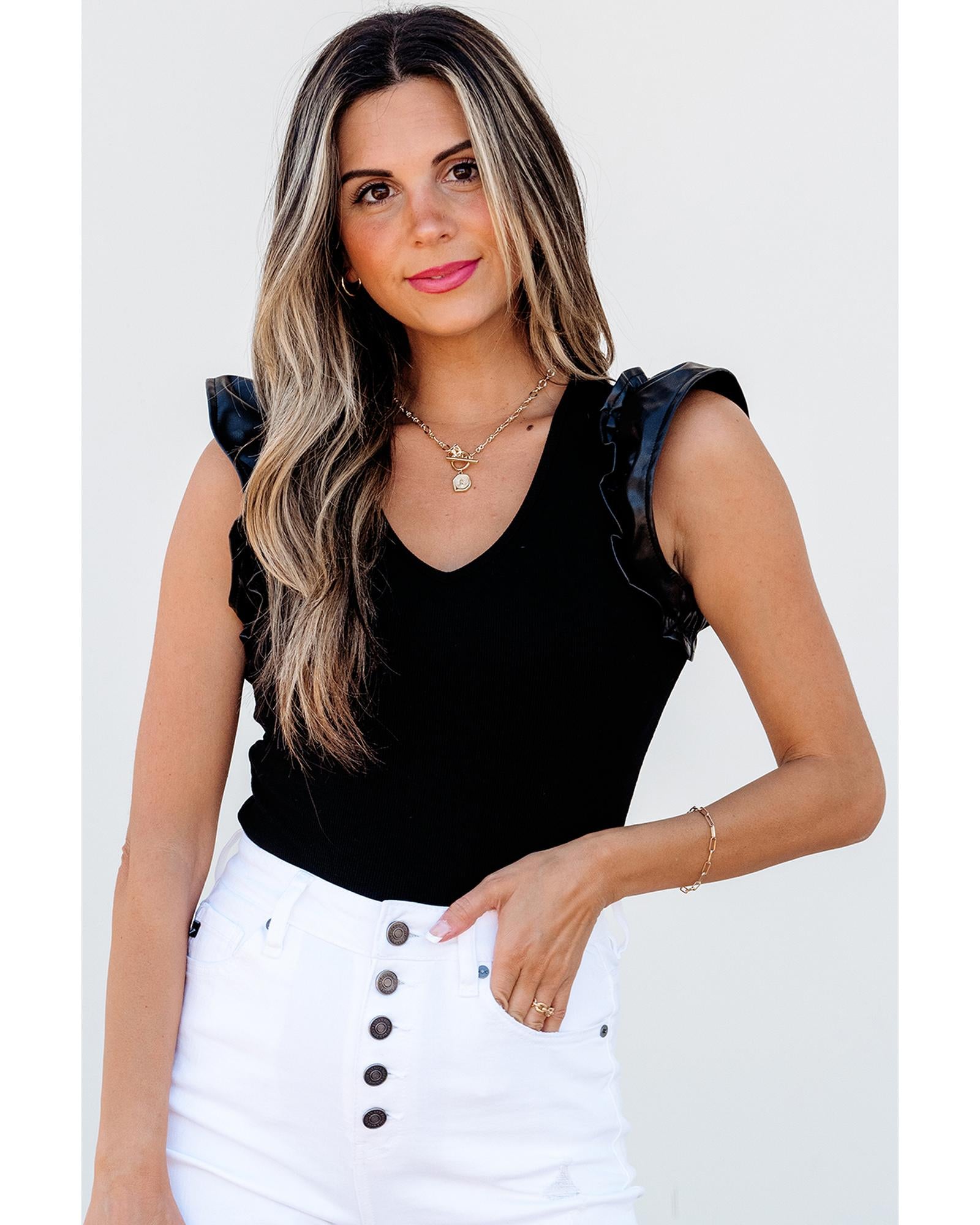 Black Leatherette Ruffle Patchwork Ribbed V Neck Bodysuit - XL