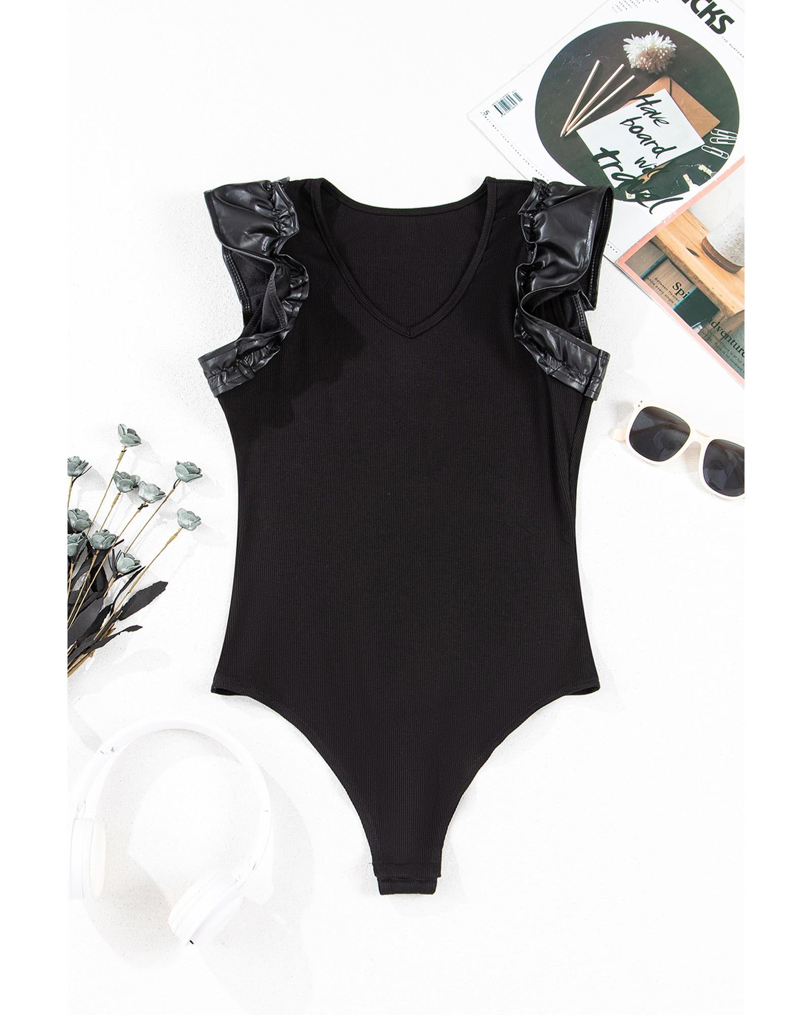 Black Leatherette Ruffle Patchwork Ribbed V Neck Bodysuit - XL