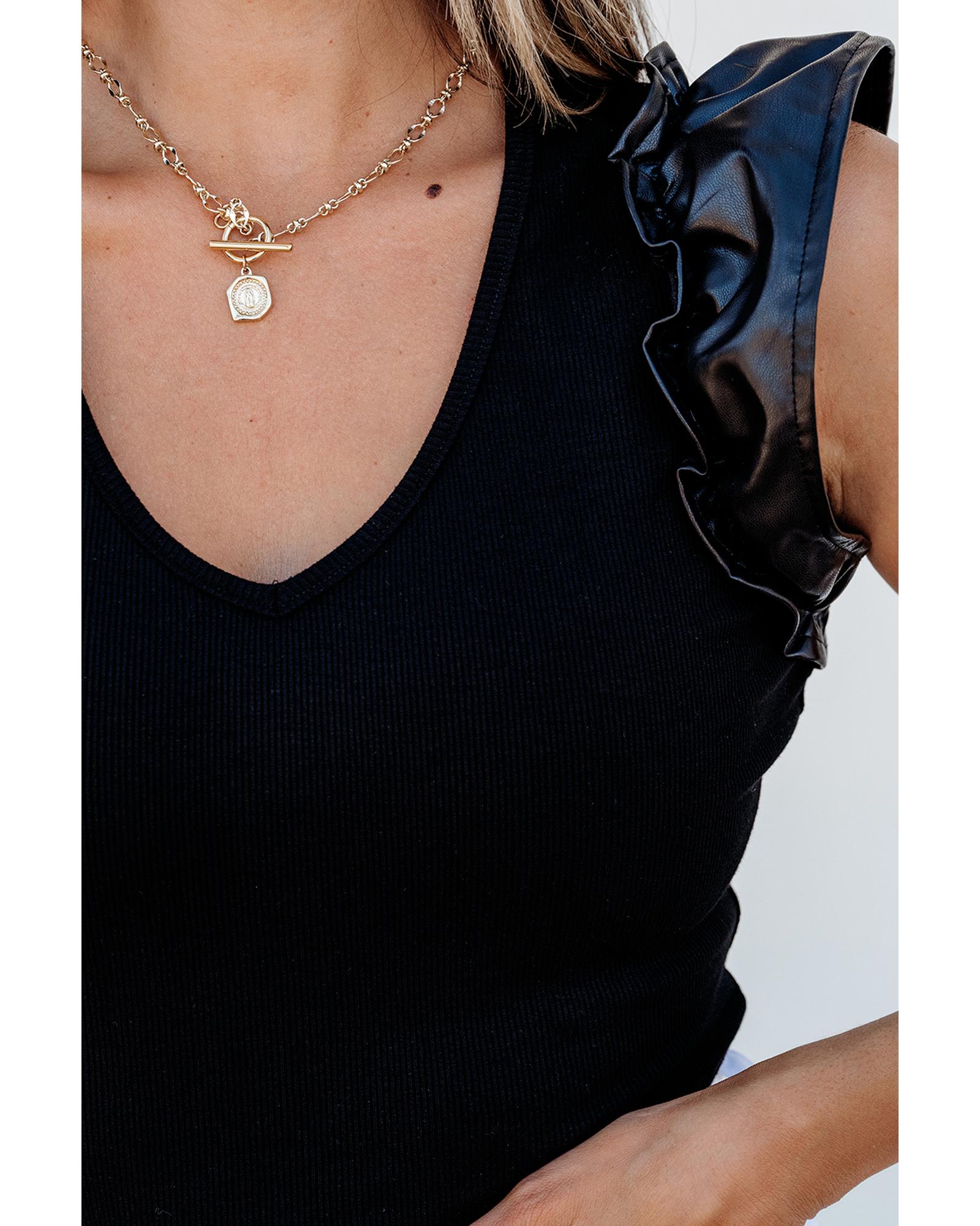 Black Leatherette Ruffle Patchwork Ribbed V Neck Bodysuit - XL