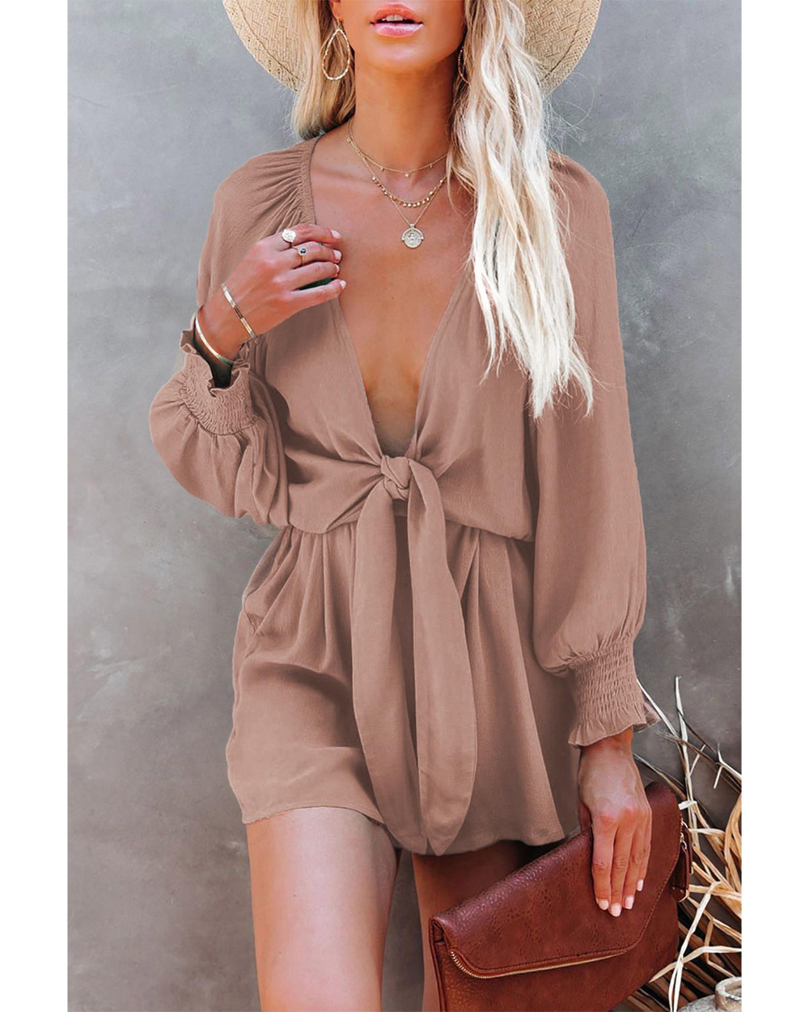 Azura Exchange Tie Knot Puff Long Sleeve Romper - XL