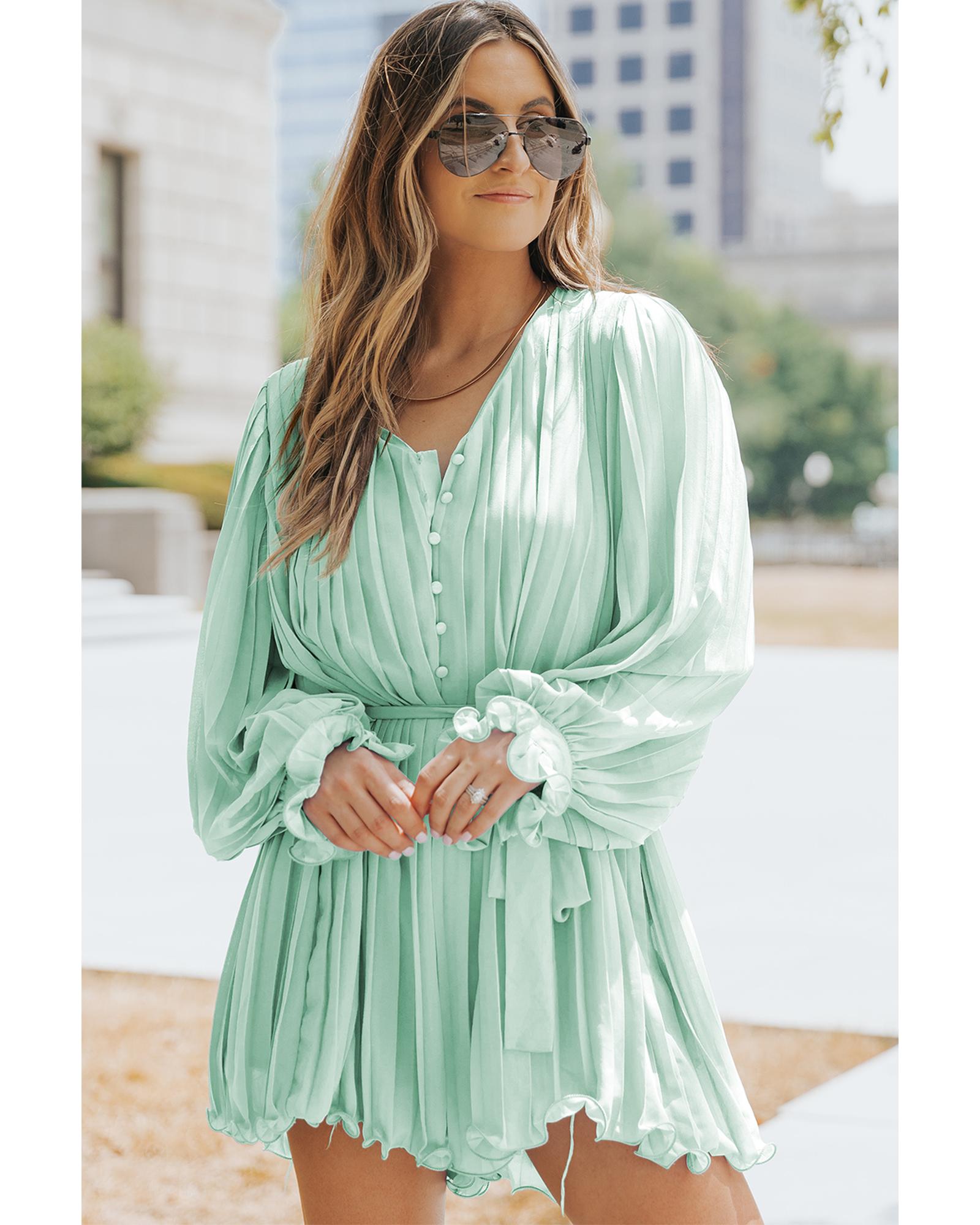 Green Pleated Ruffled Tie Waist Buttons V Neck Romper - M
