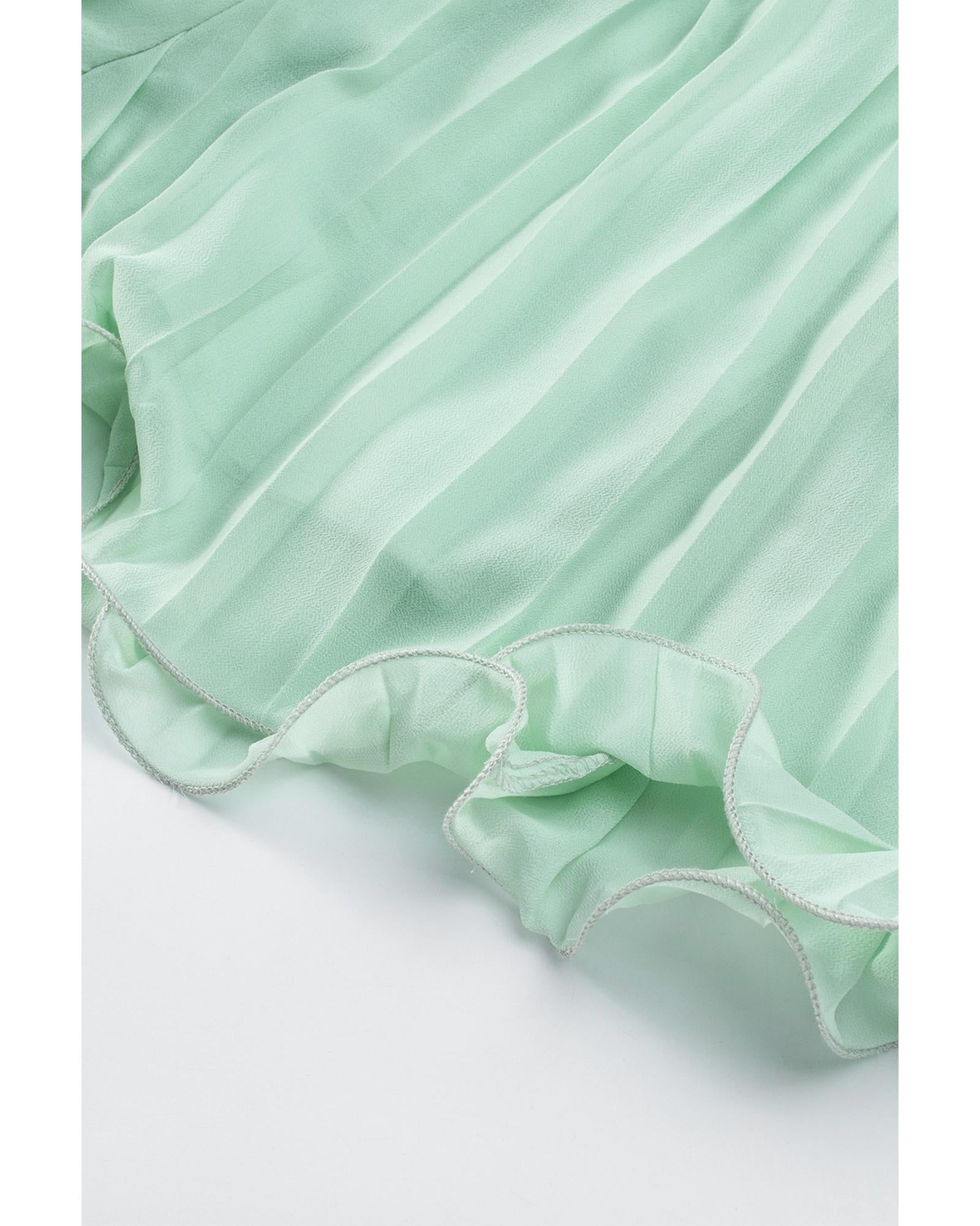 Green Pleated Ruffled Tie Waist Buttons V Neck Romper - M