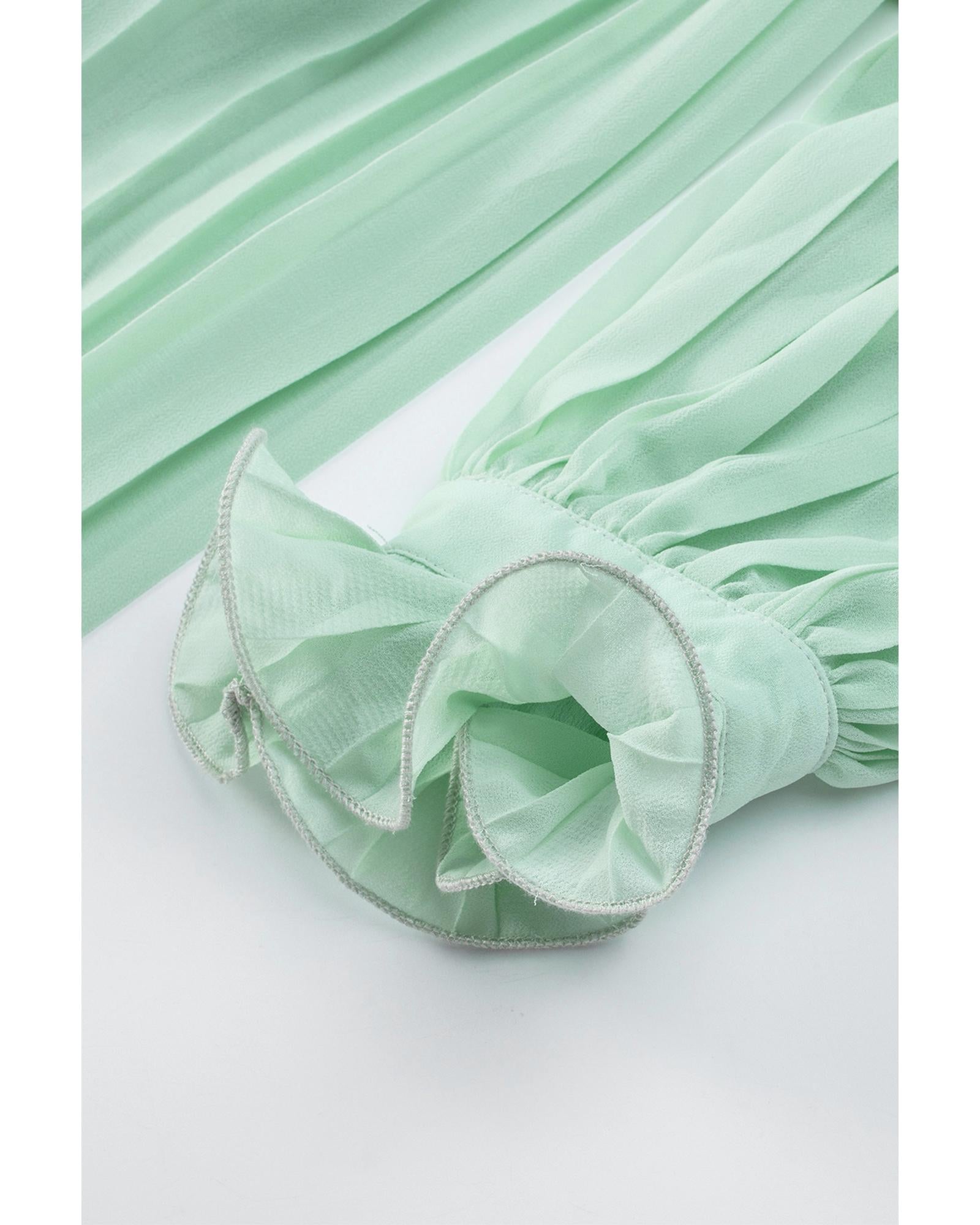 Green Pleated Ruffled Tie Waist Buttons V Neck Romper - M