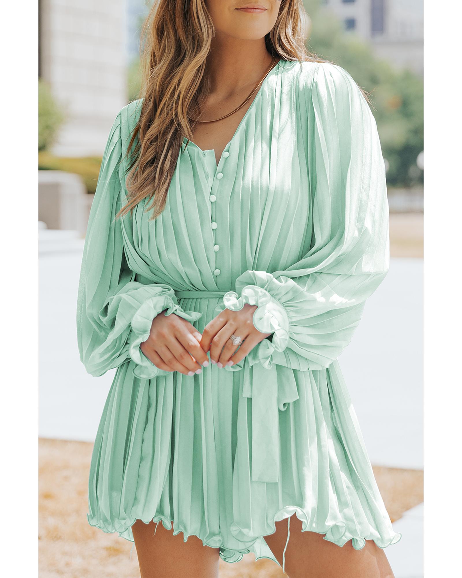 Green Pleated Ruffled Tie Waist Buttons V Neck Romper - XL