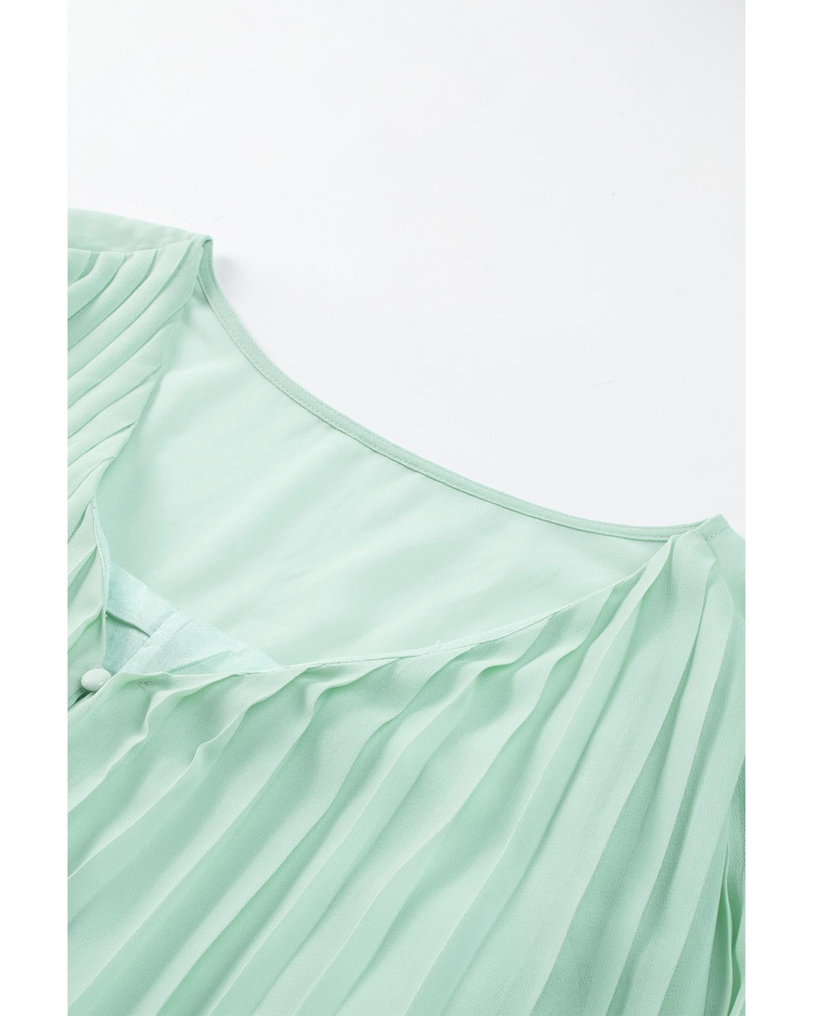 Green Pleated Ruffled Tie Waist Buttons V Neck Romper - XL
