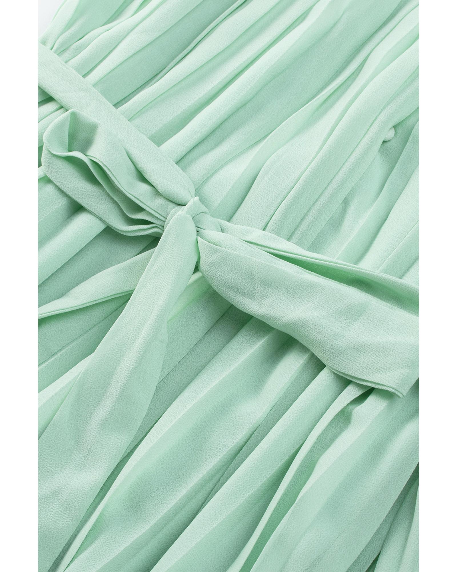 Green Pleated Ruffled Tie Waist Buttons V Neck Romper - XL