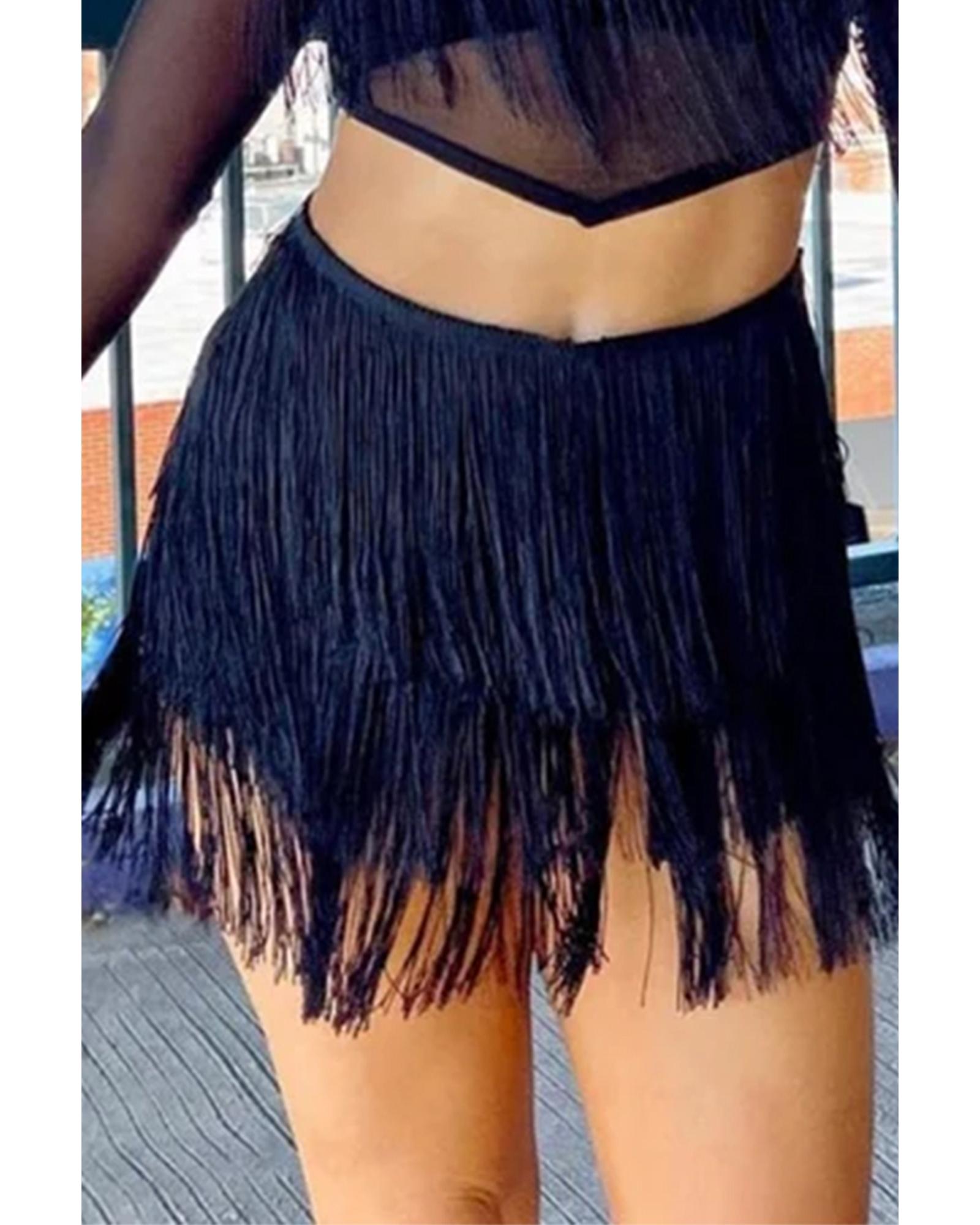 Black Tiered Fringe Trimmed Mini Skirt - L