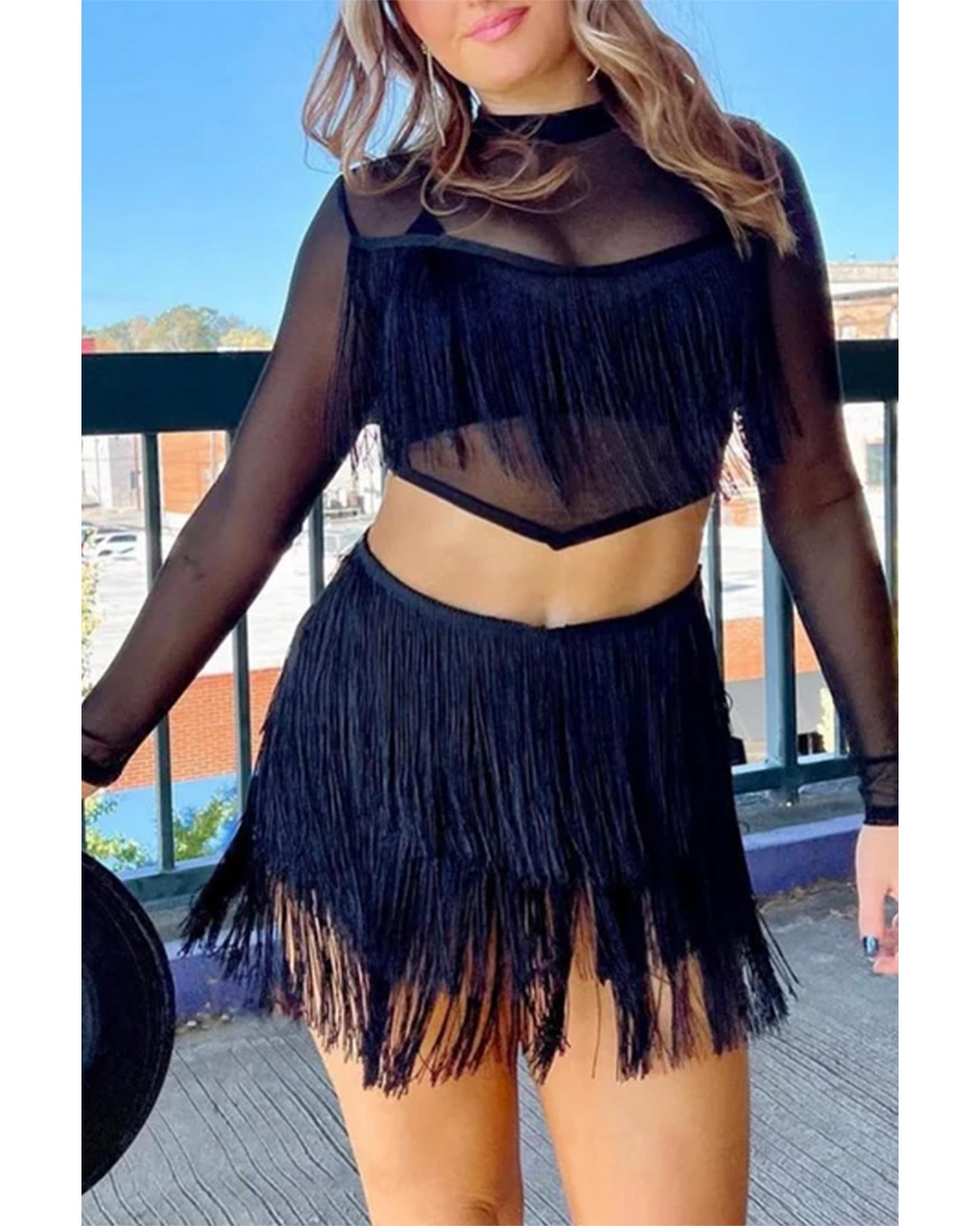 Black Tiered Fringe Trimmed Mini Skirt - L