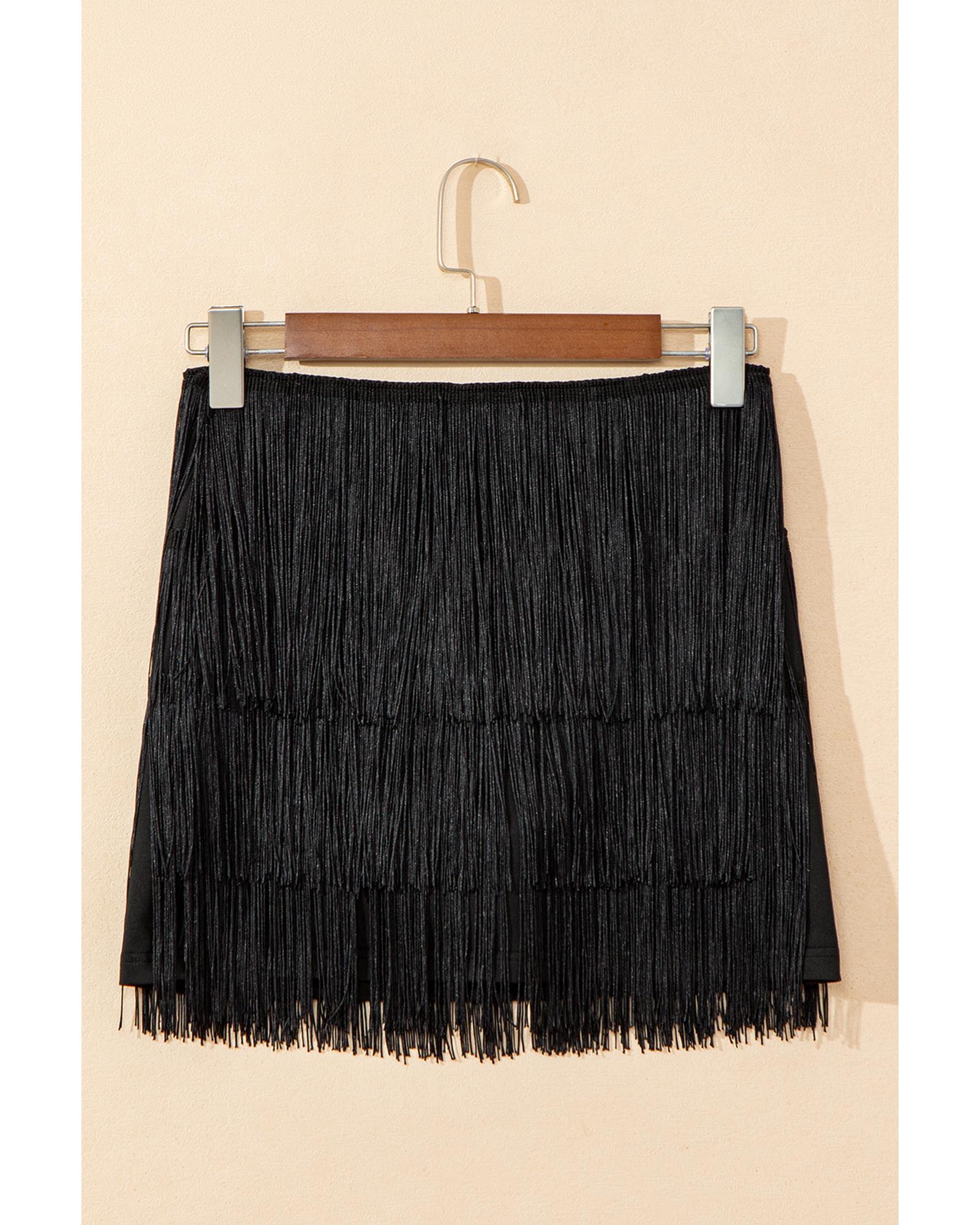 Black Tiered Fringe Trimmed Mini Skirt - L