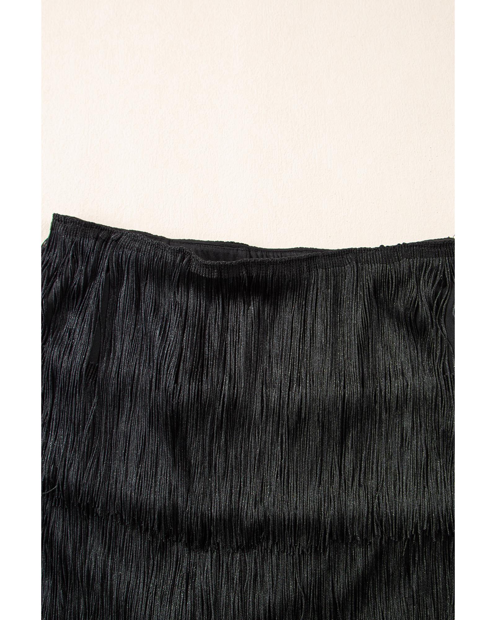 Black Tiered Fringe Trimmed Mini Skirt - L