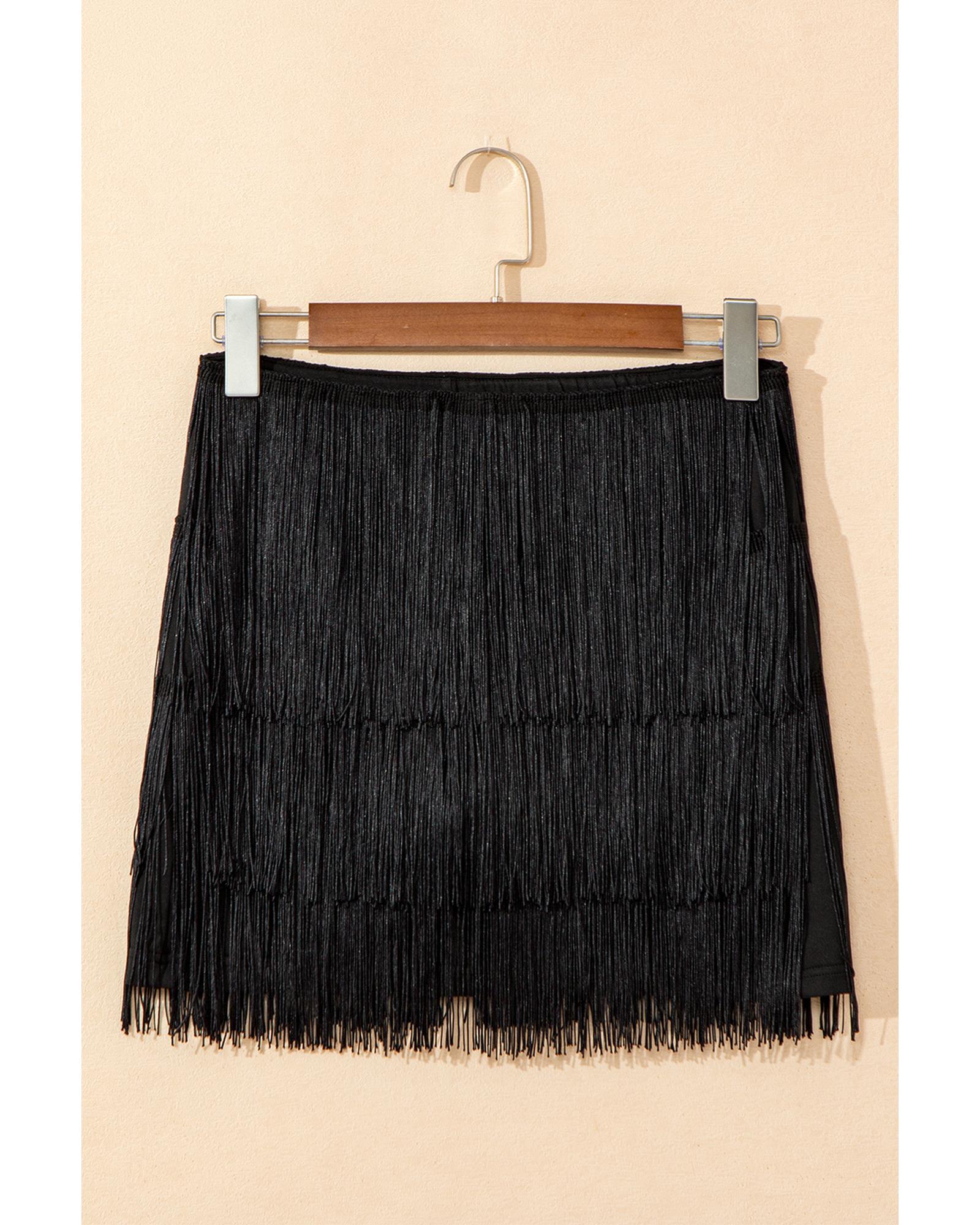 Black Tiered Fringe Trimmed Mini Skirt - M