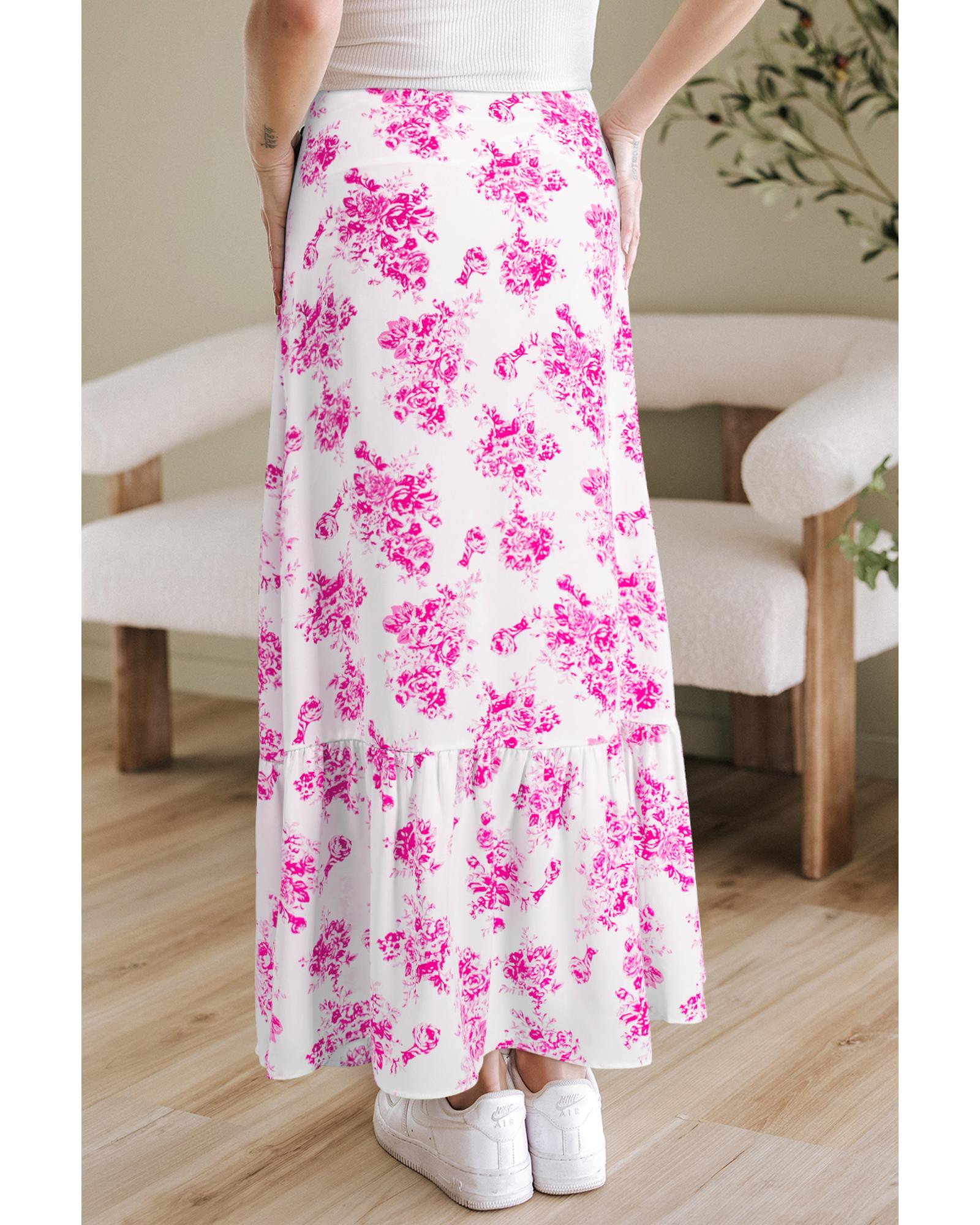 Rose Boho Floral High Waist Ruffle Split Maxi Skirt - XL