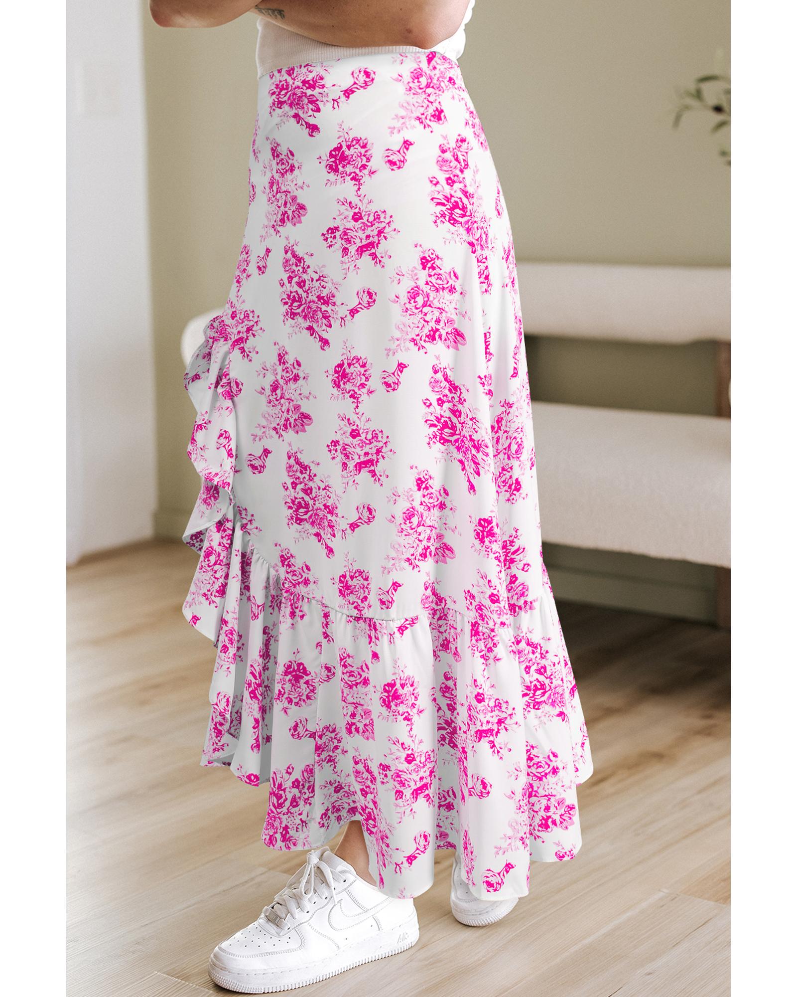 Rose Boho Floral High Waist Ruffle Split Maxi Skirt - XL
