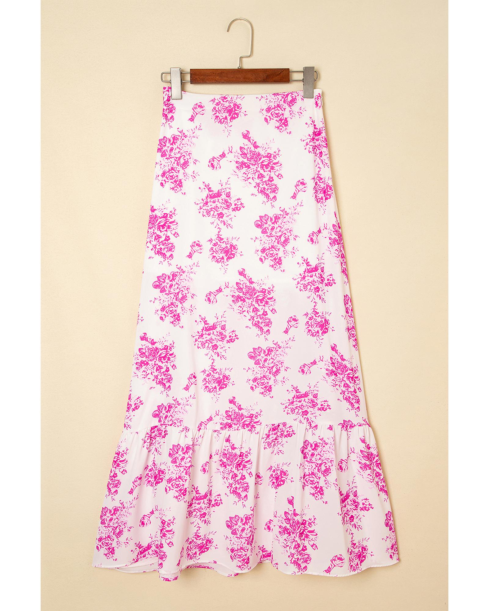 Rose Boho Floral High Waist Ruffle Split Maxi Skirt - XL