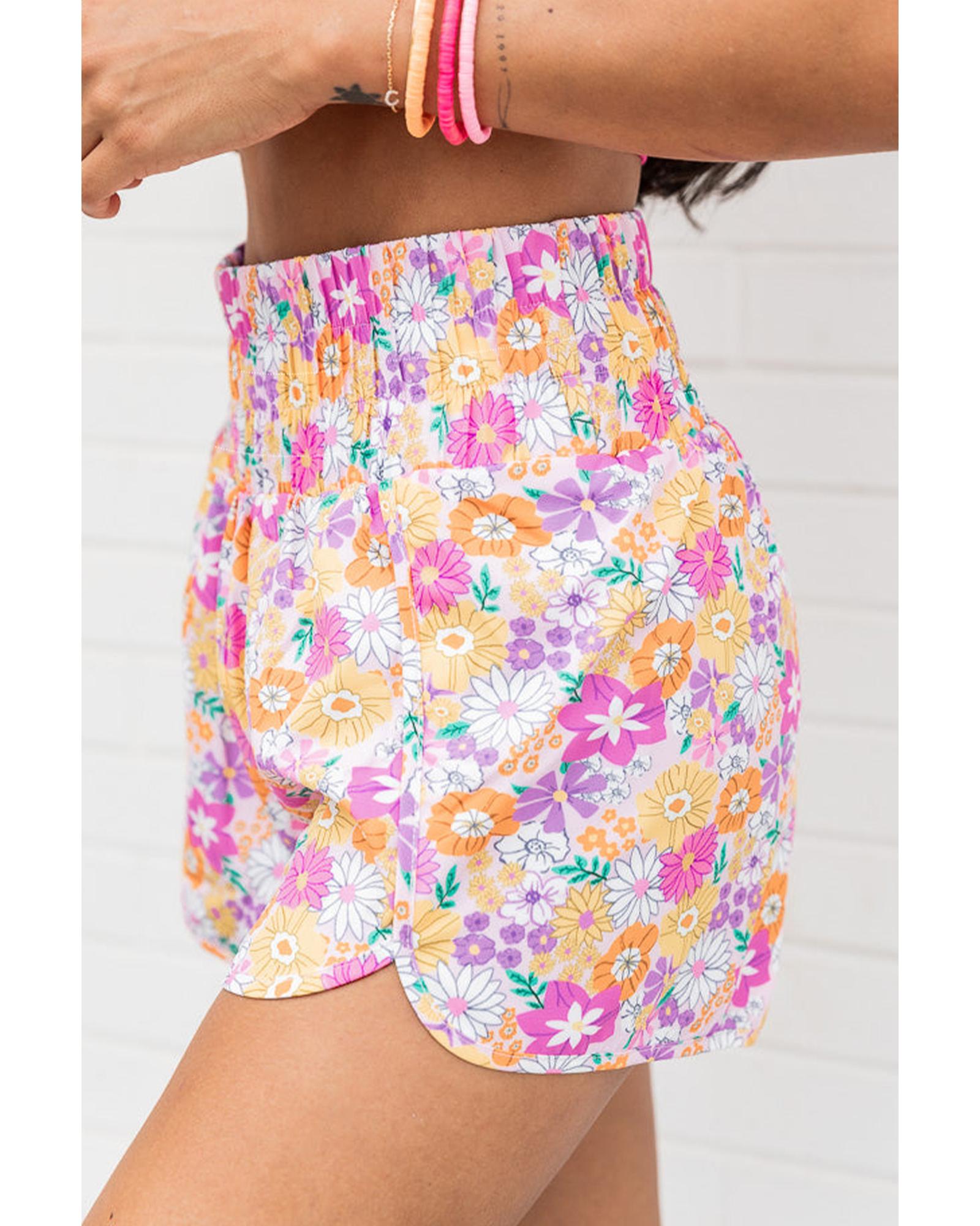 Pink Boho Floral Shirred High Waist Casual Shorts - S