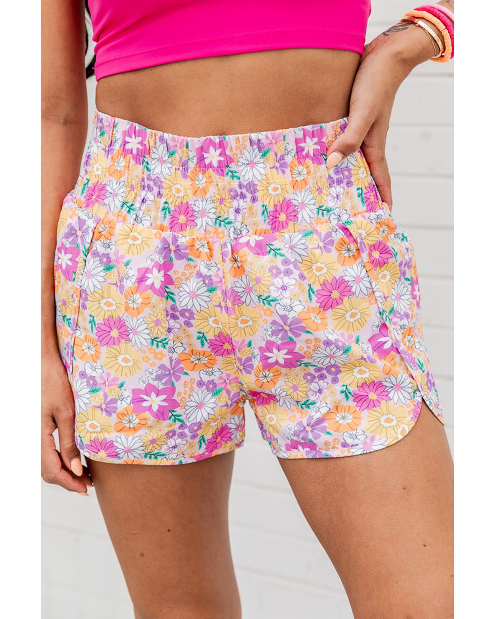 Pink Boho Floral Shirred High Waist Casual Shorts - S