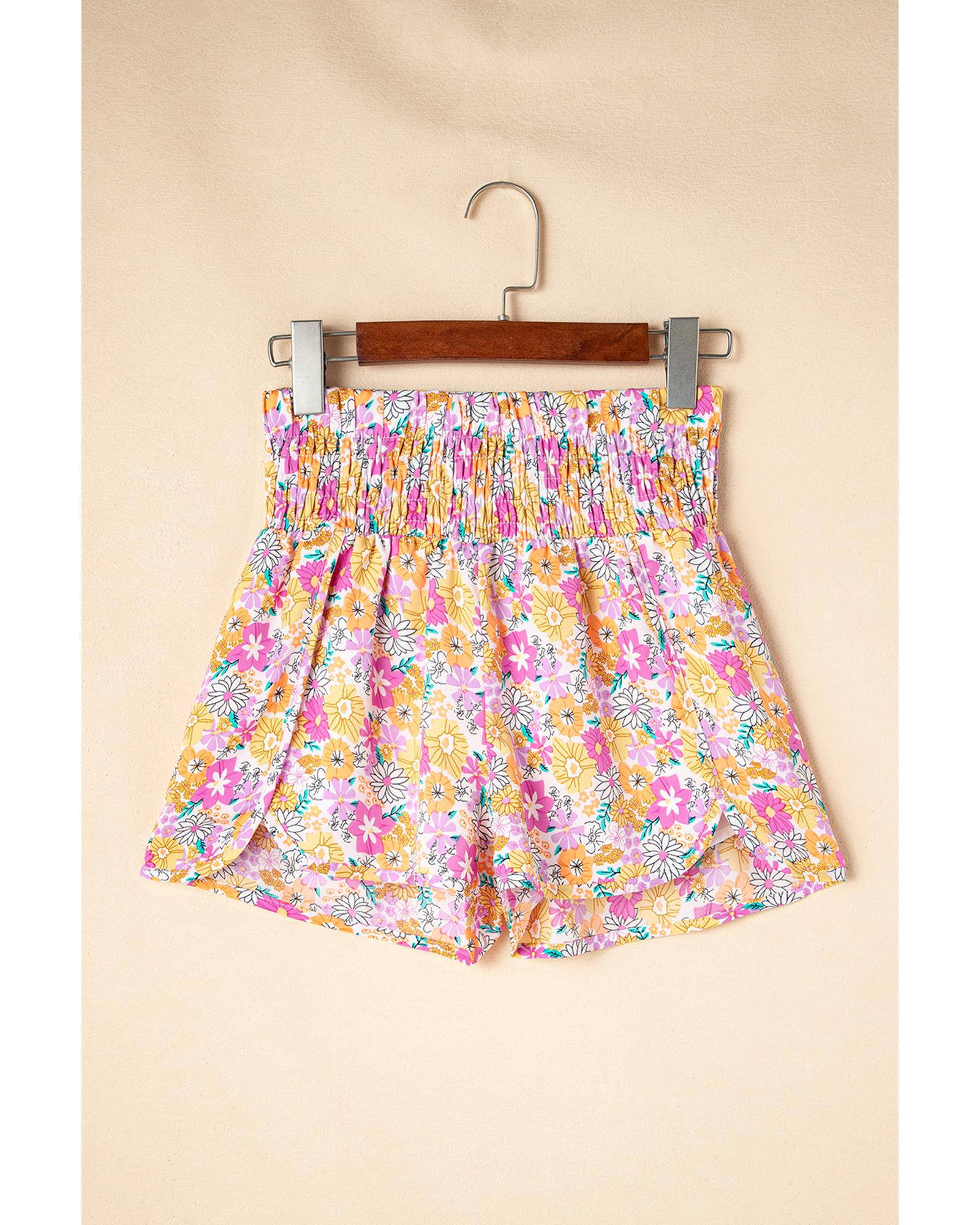 Pink Boho Floral Shirred High Waist Casual Shorts - S