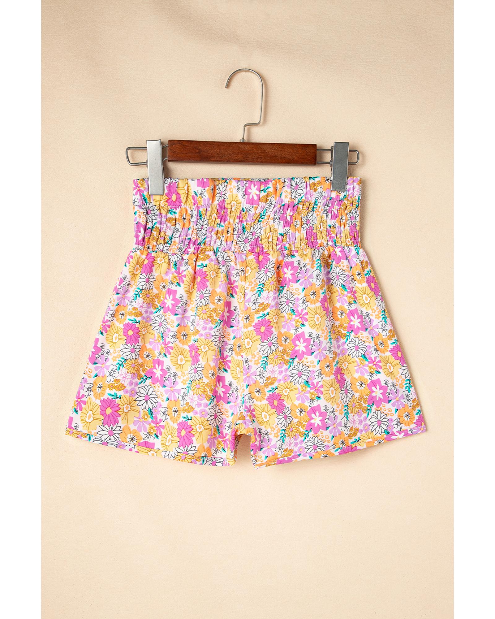 Pink Boho Floral Shirred High Waist Casual Shorts - S