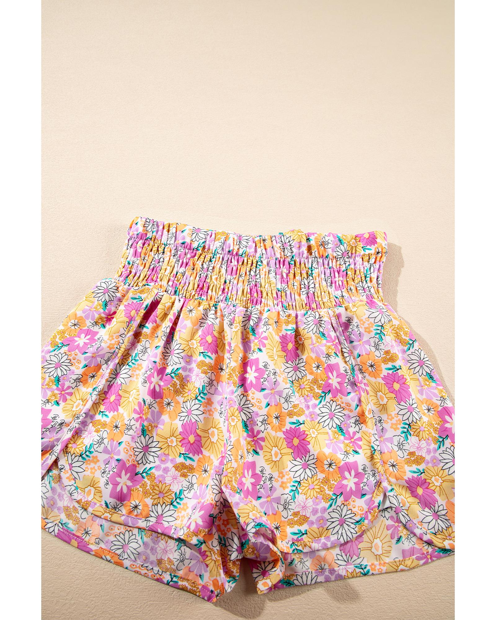 Pink Boho Floral Shirred High Waist Casual Shorts - S