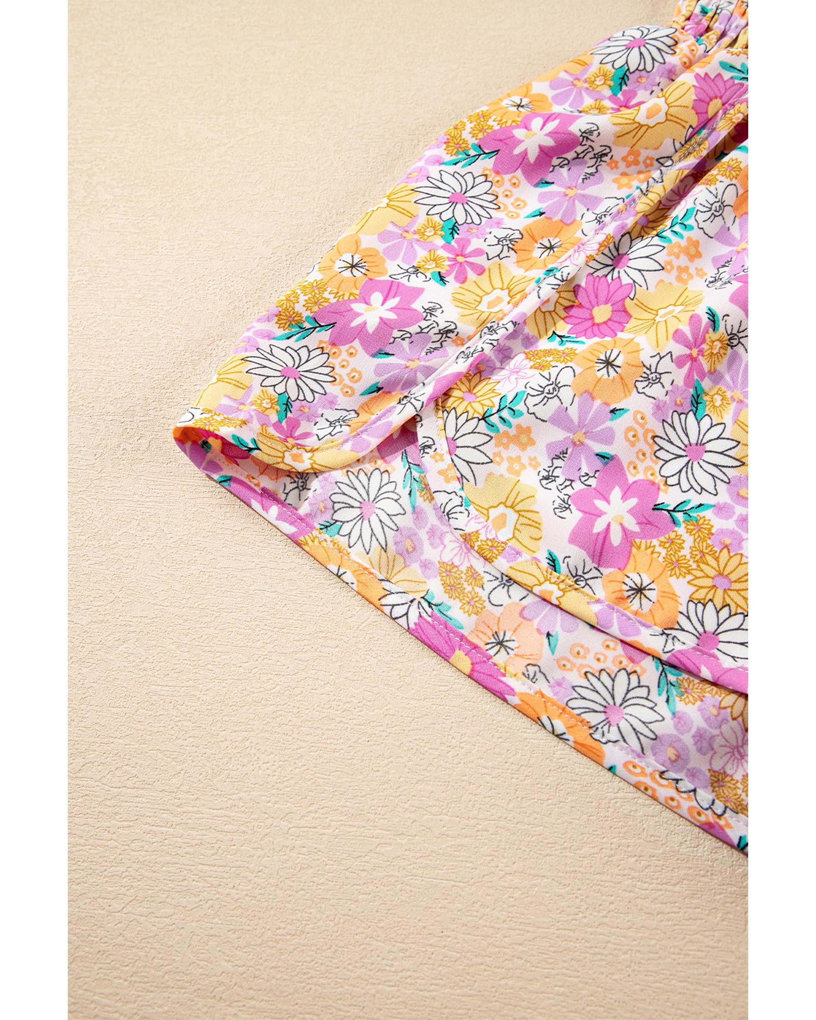 Pink Boho Floral Shirred High Waist Casual Shorts - S