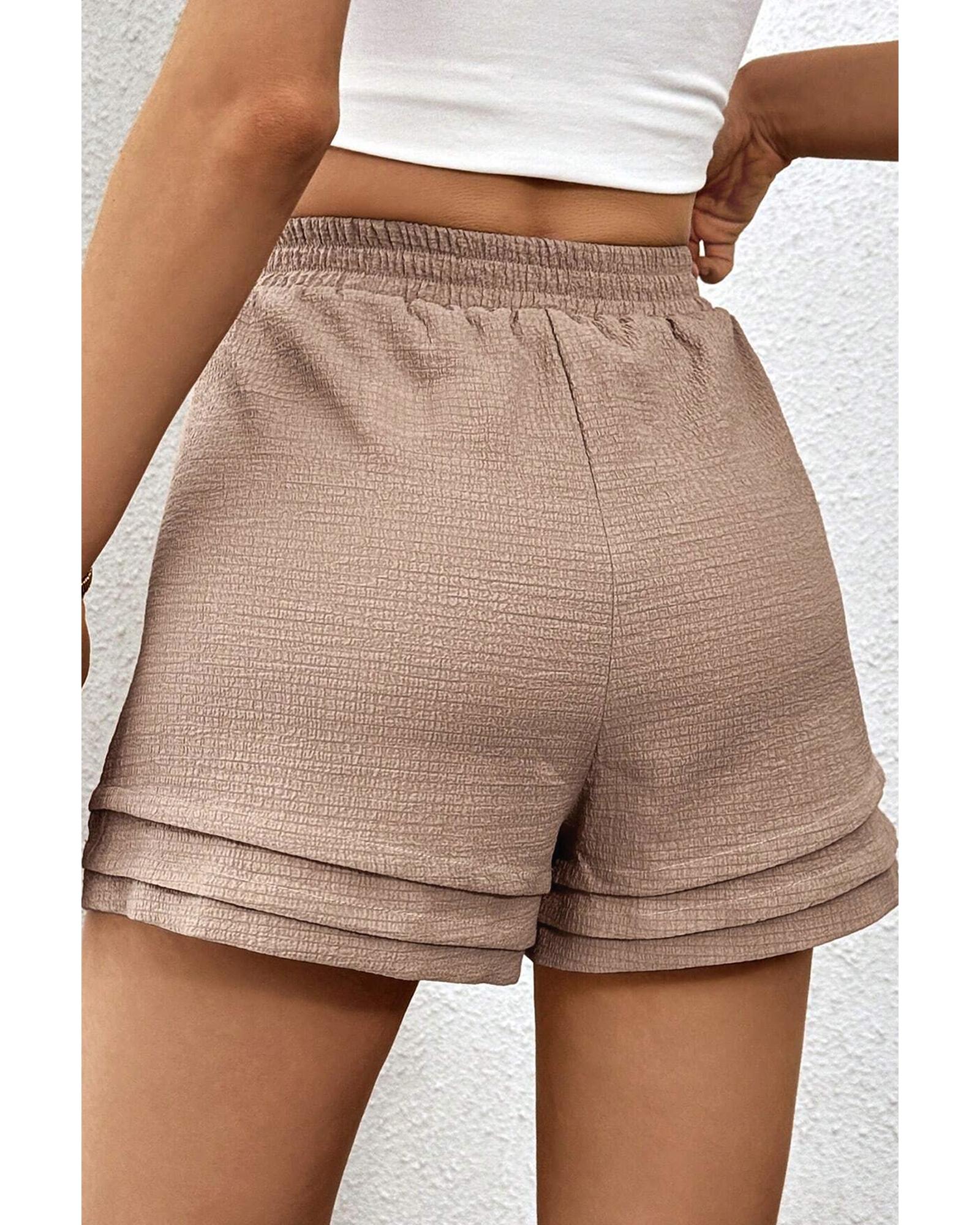 Straw Yellow Textured Tiered Edge High Waist Casual Shorts - L