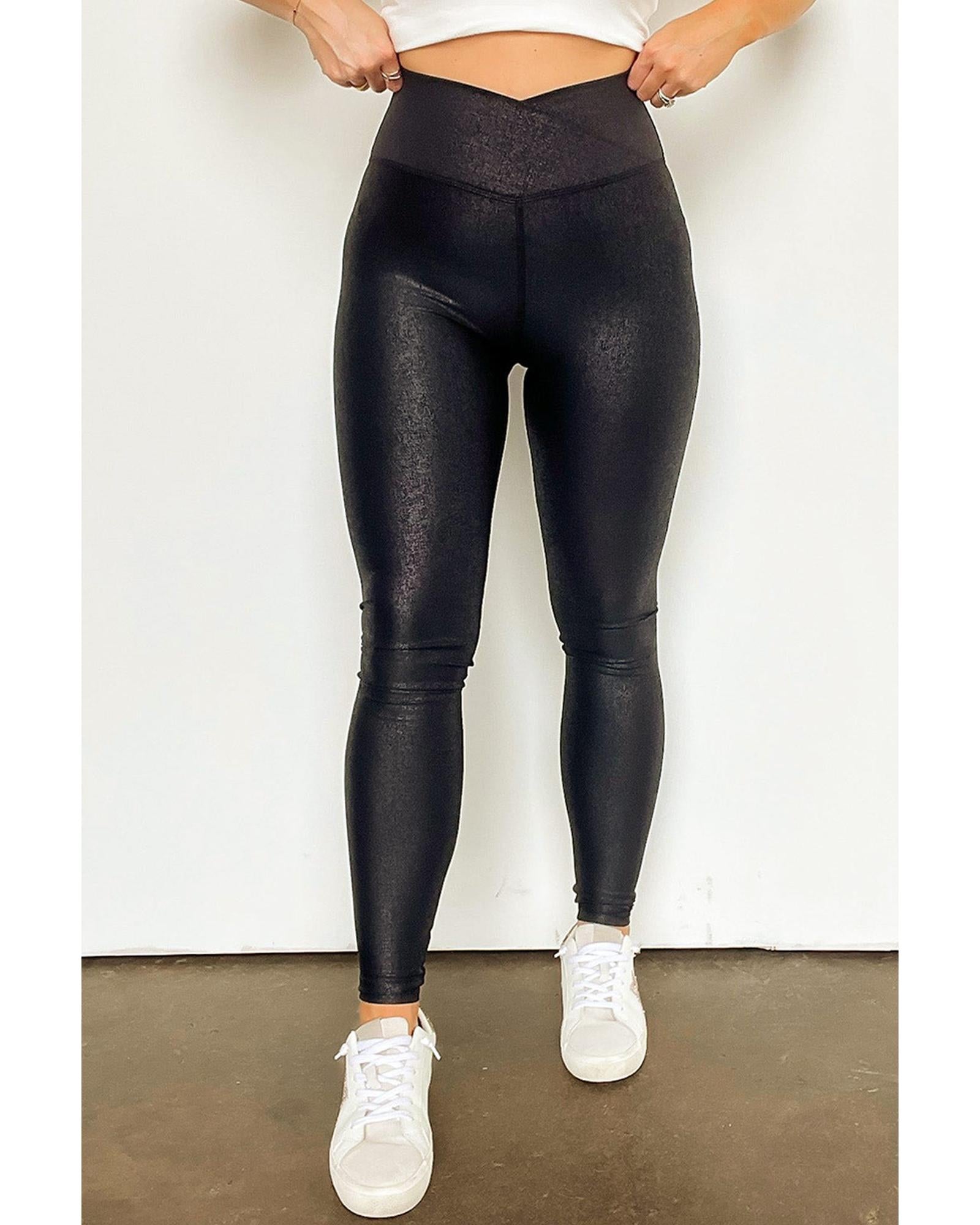 Black Crossed Dip Waist Sleek Leather Leggings - M
