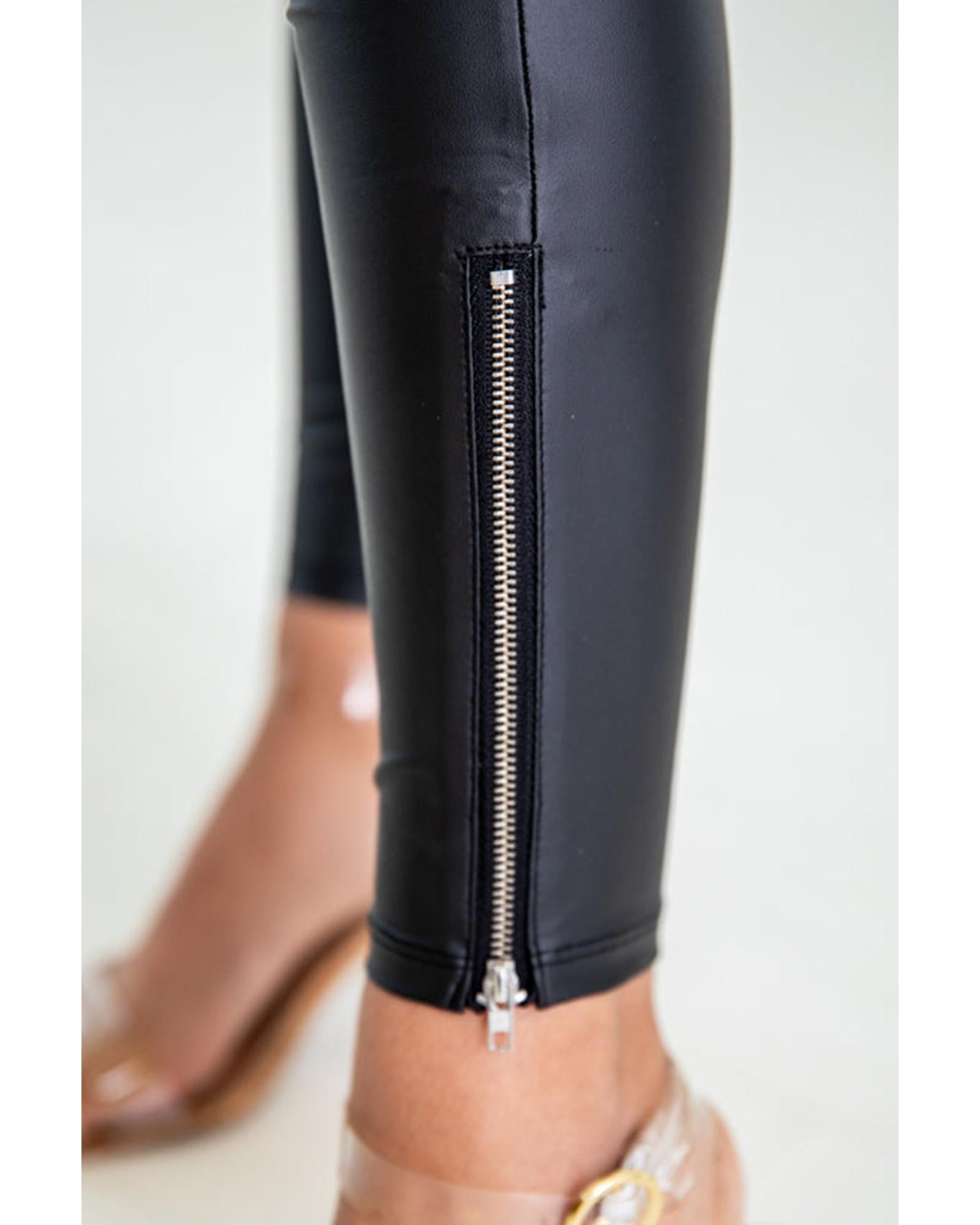 Black Faux Leather Zipped Detail Leggings - M