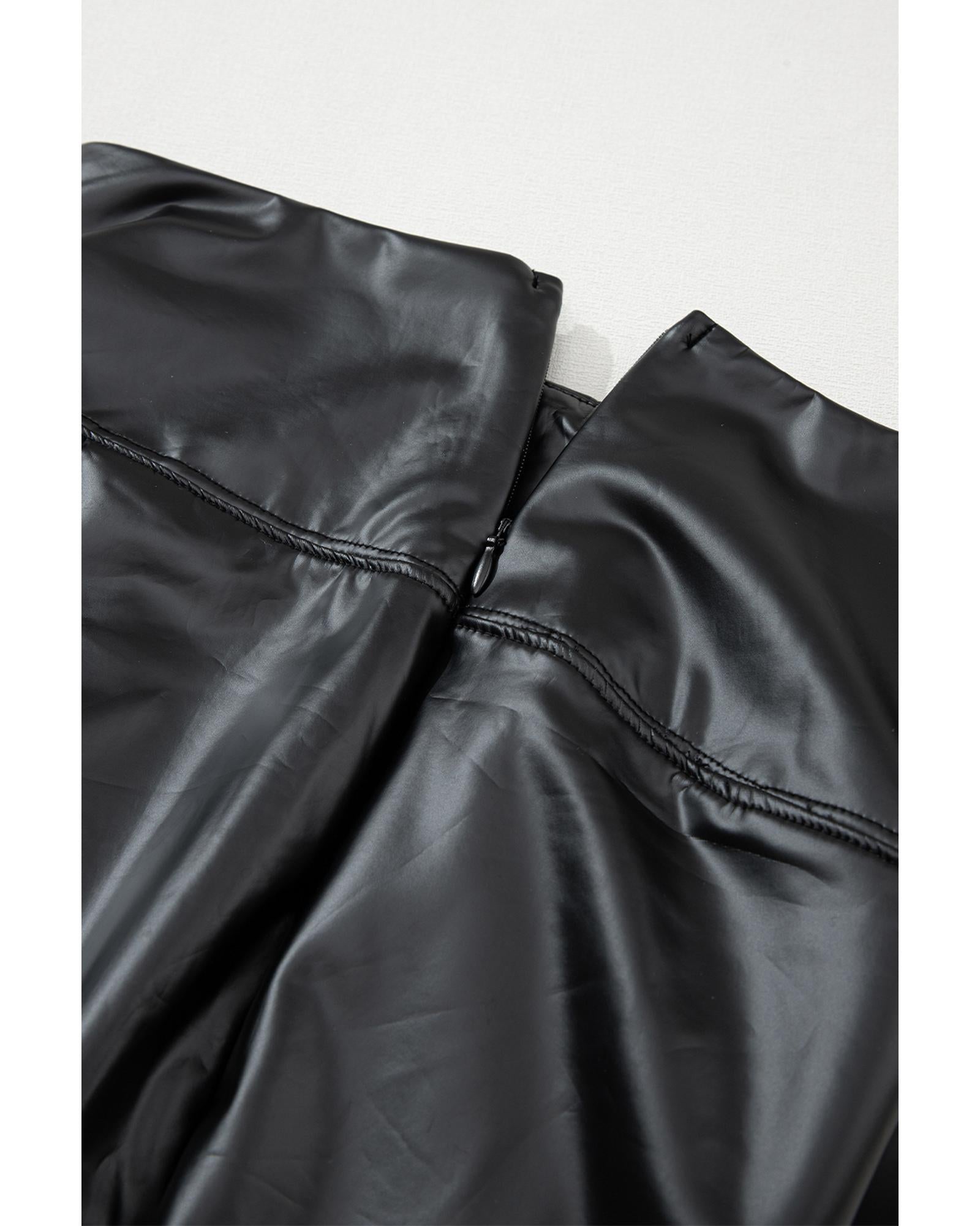 Black Faux Leather Zipped Detail Leggings - M