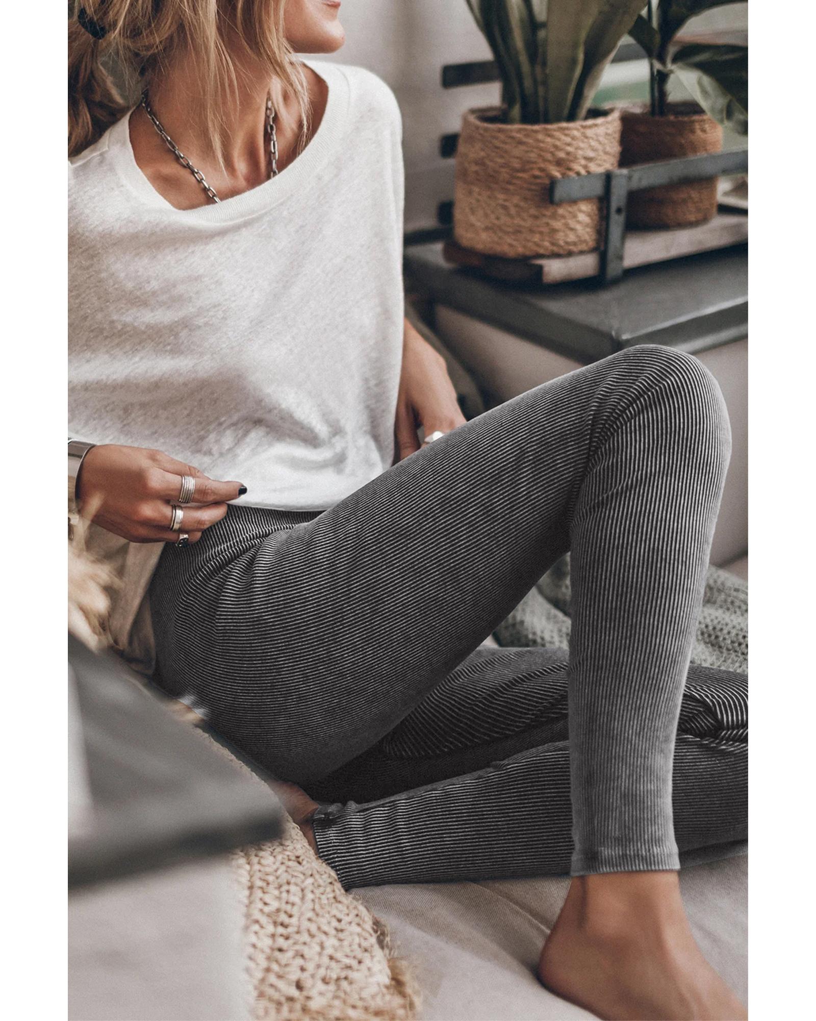 Dark Grey Vintage Wash Ribbed Leggings - XL