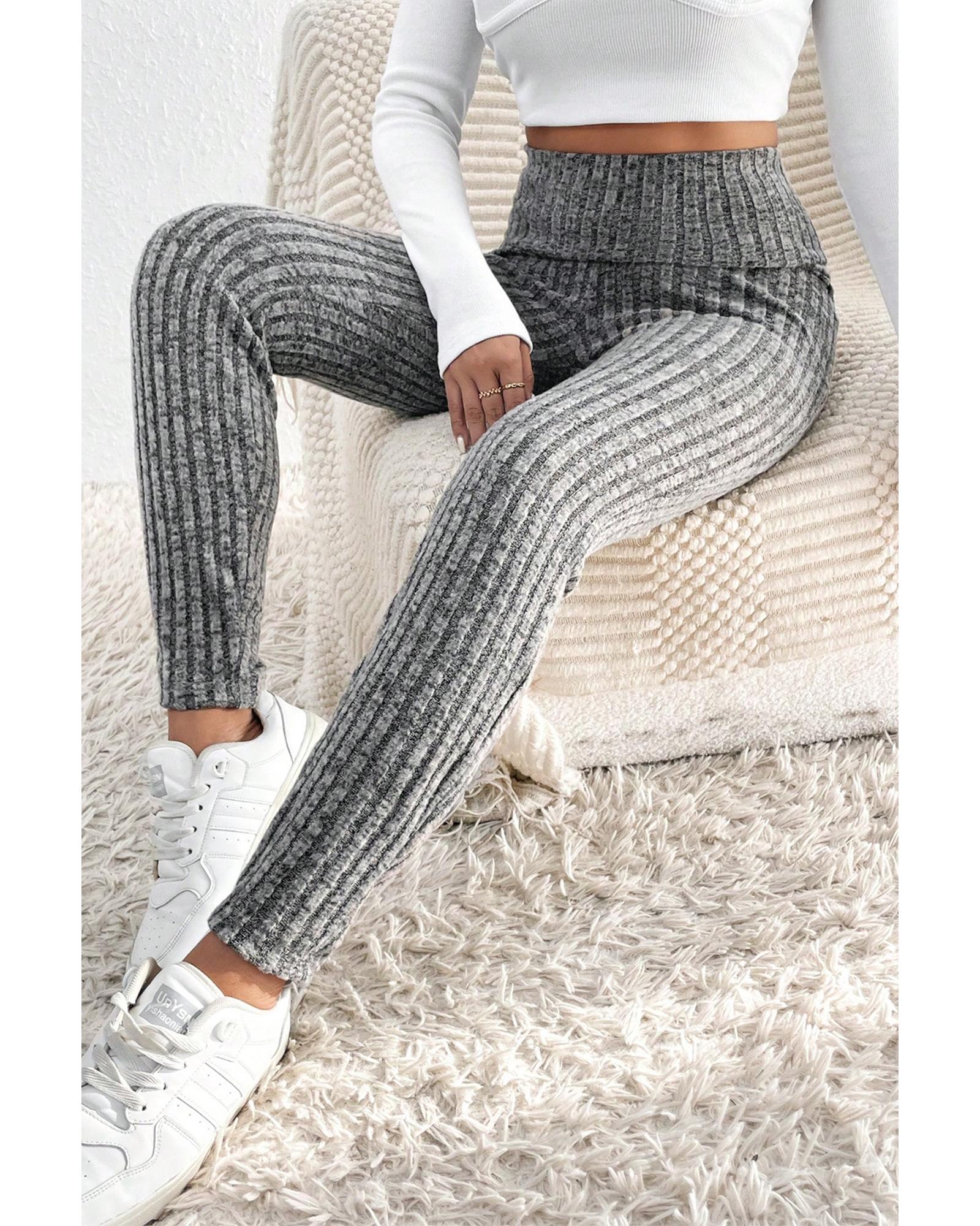 Gray Wide Waistband Ribbed Textured Knit Leggings - L
