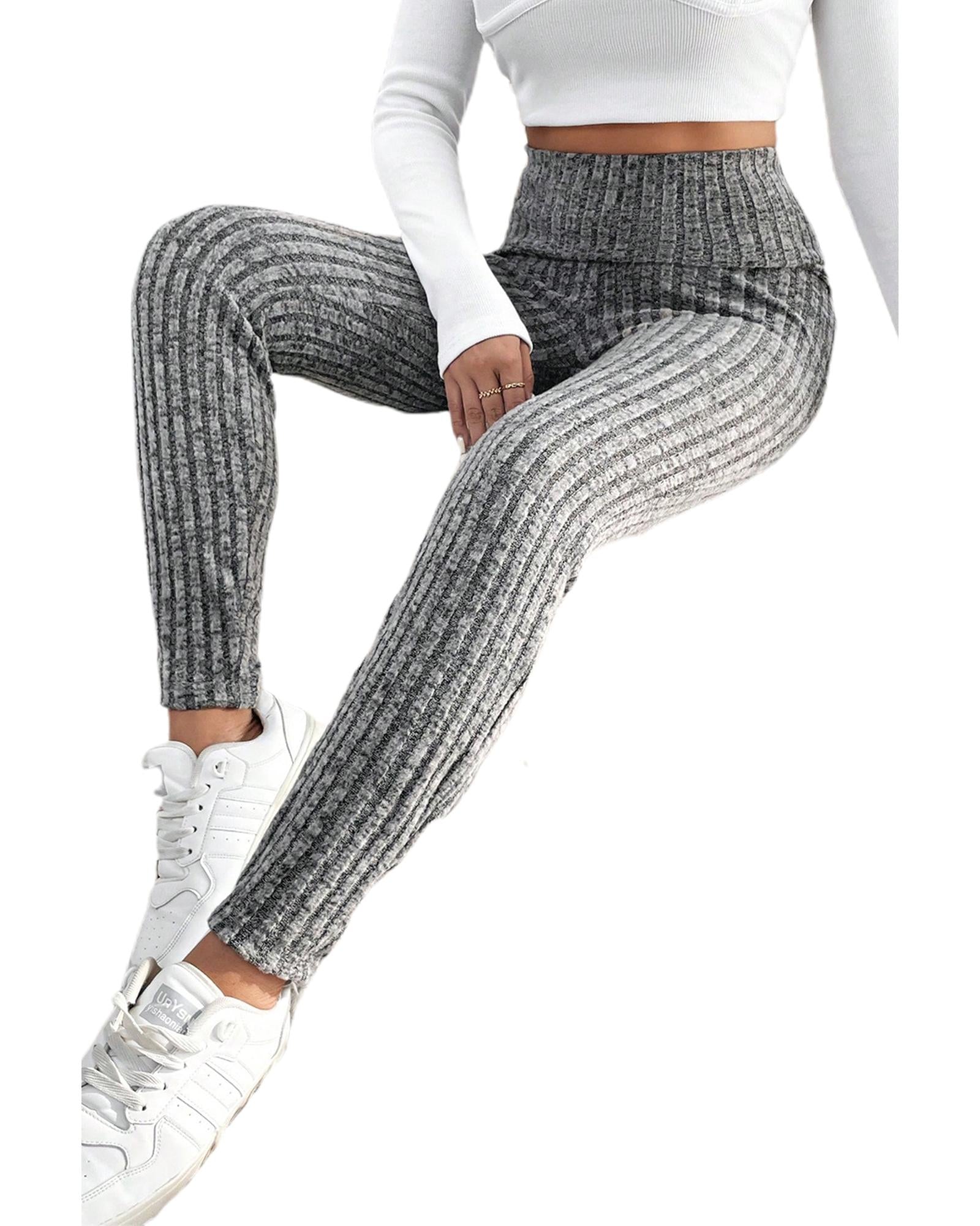 Gray Wide Waistband Ribbed Textured Knit Leggings - L