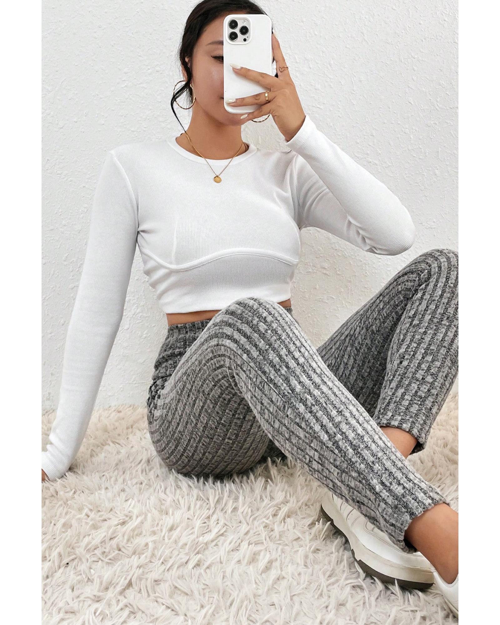 Gray Wide Waistband Ribbed Textured Knit Leggings - XL