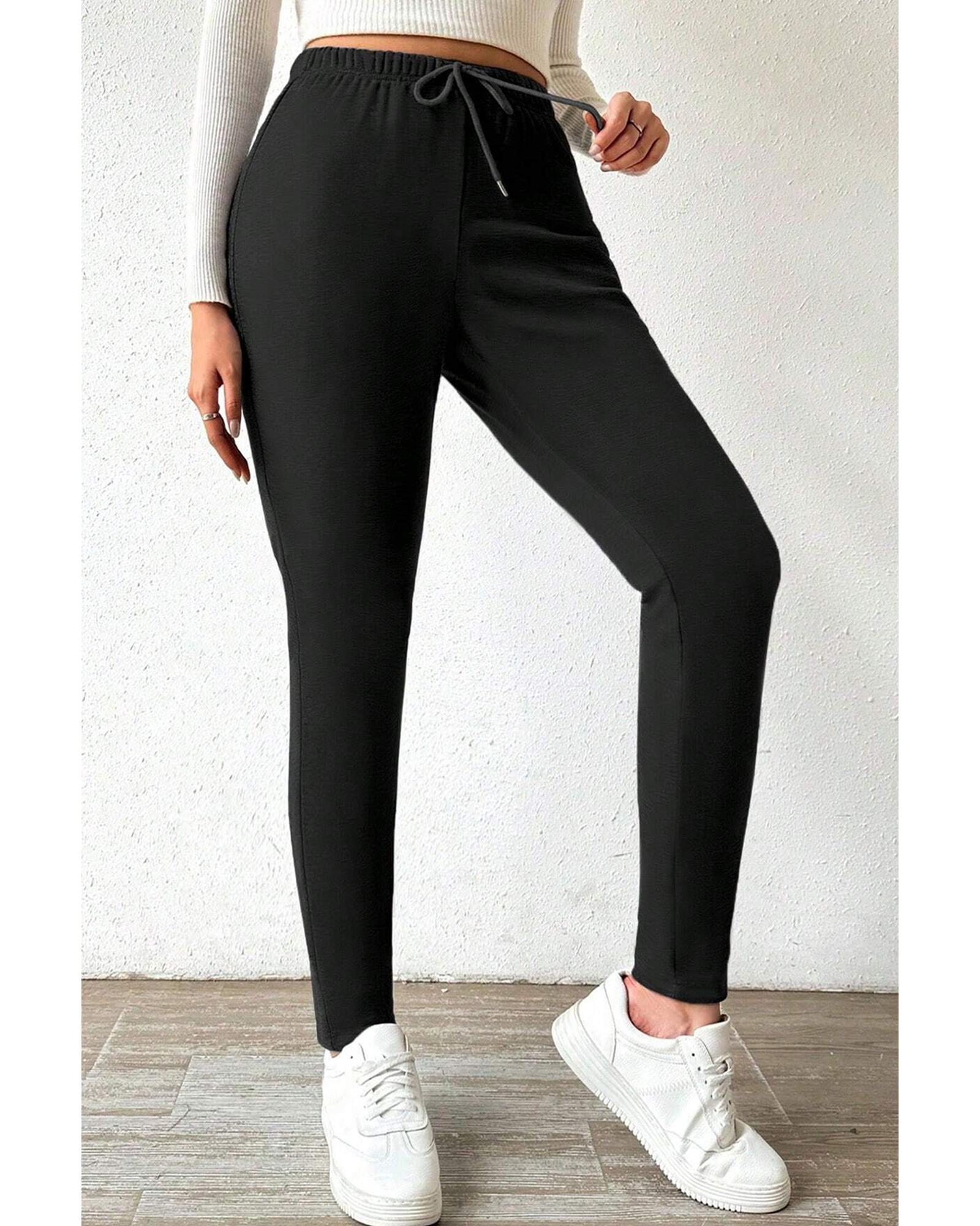 Black Thermal Lined Drawstring High Waist Leggings - XL