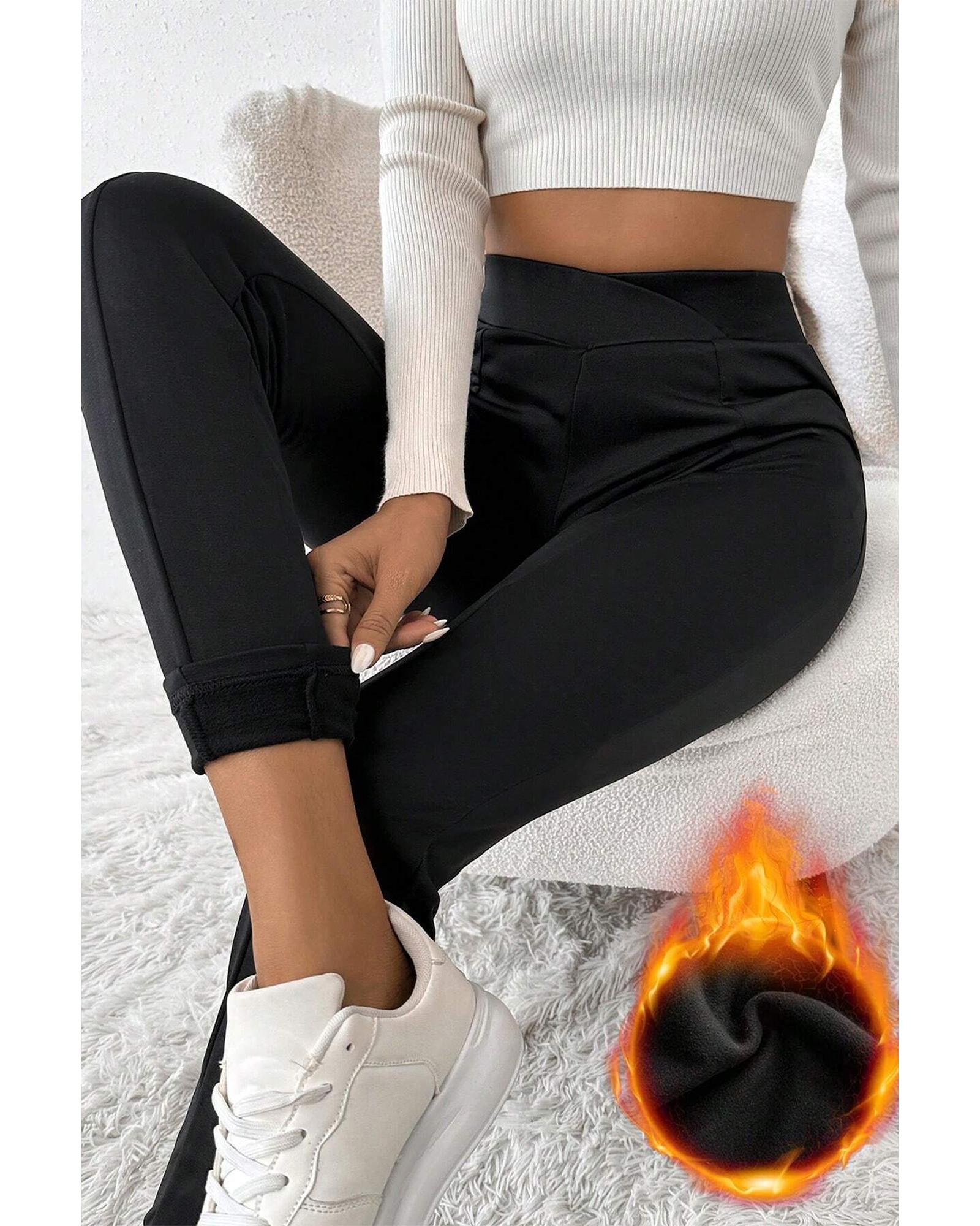 Black Crossed Waist Seamed Leg Thermal Leggings - M