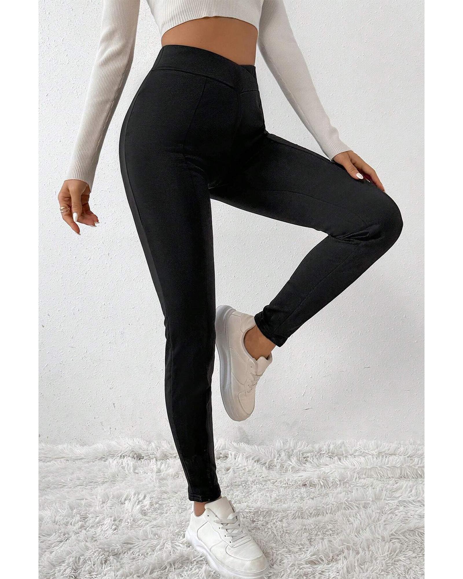 Black Crossed Waist Seamed Leg Thermal Leggings - M