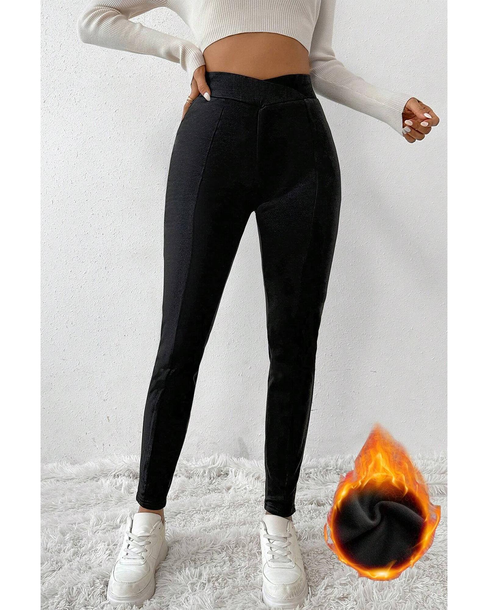 Black Crossed Waist Seamed Leg Thermal Leggings - M