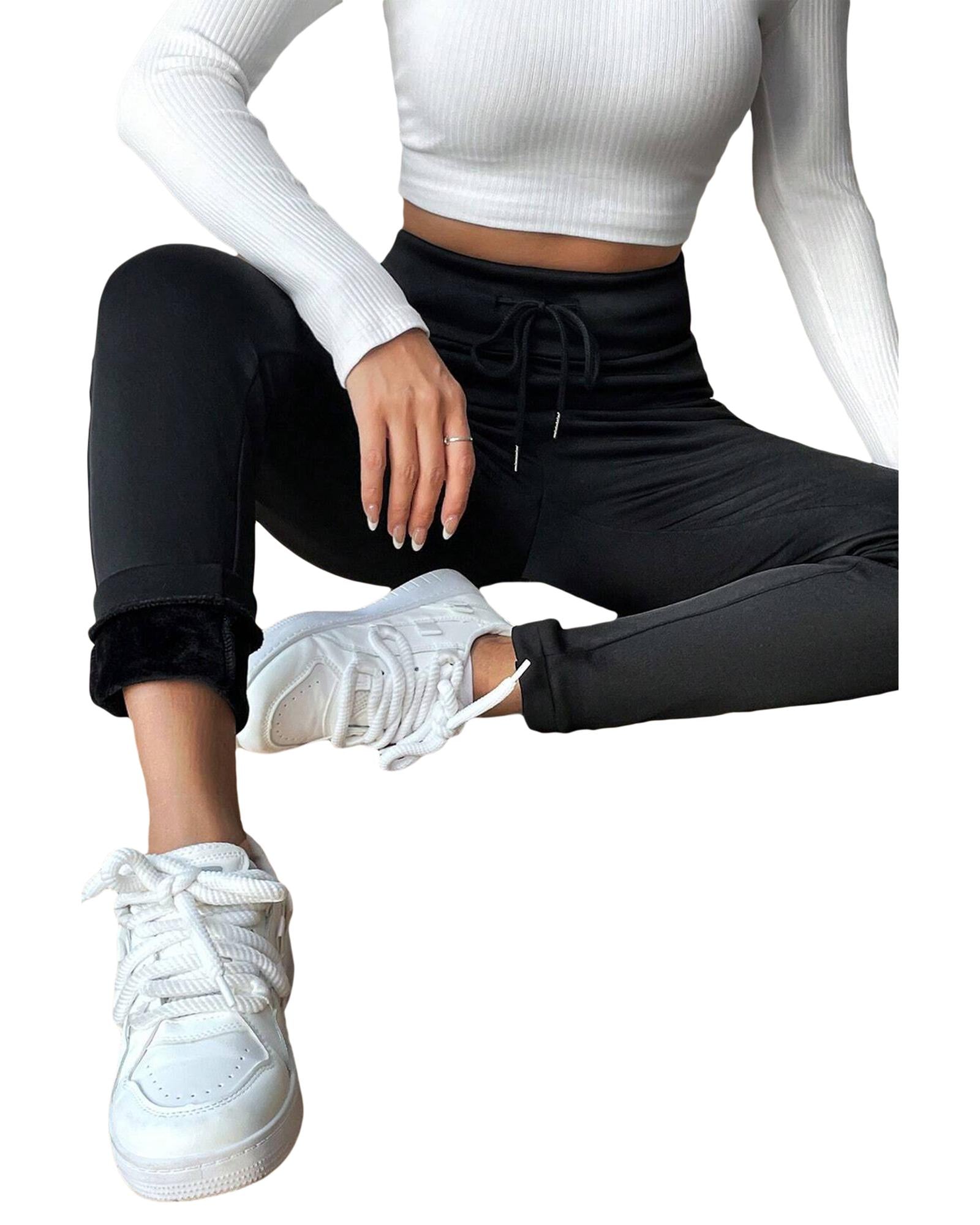 Black Solid Drawstring Waist Thermal Lined Leggings - L
