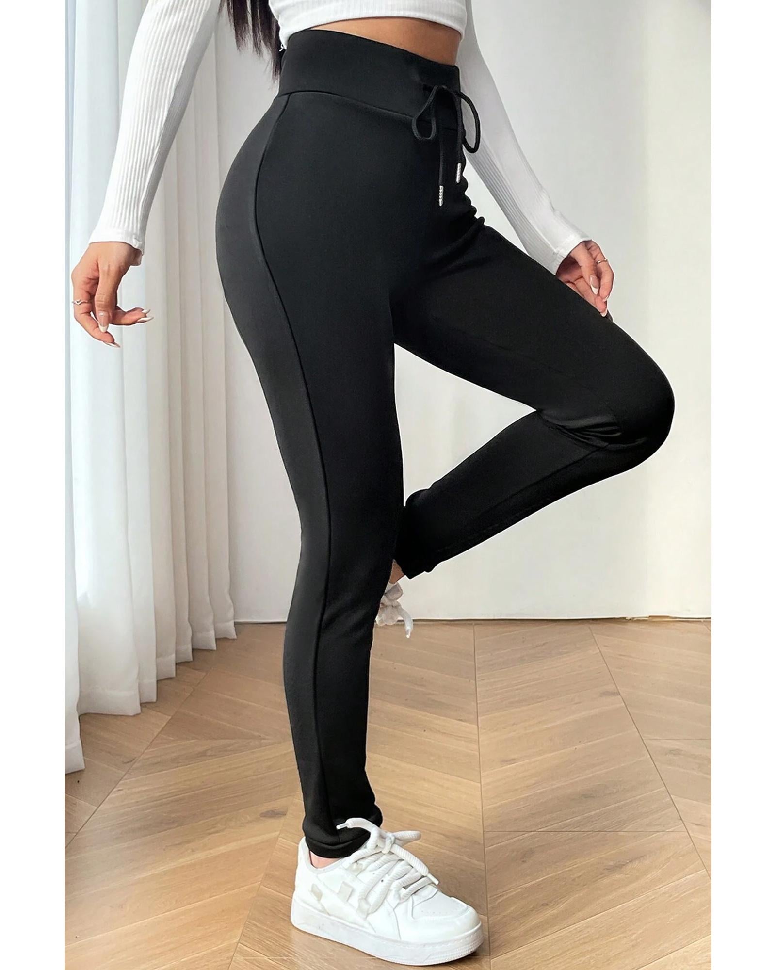 Black Solid Drawstring Waist Thermal Lined Leggings - M