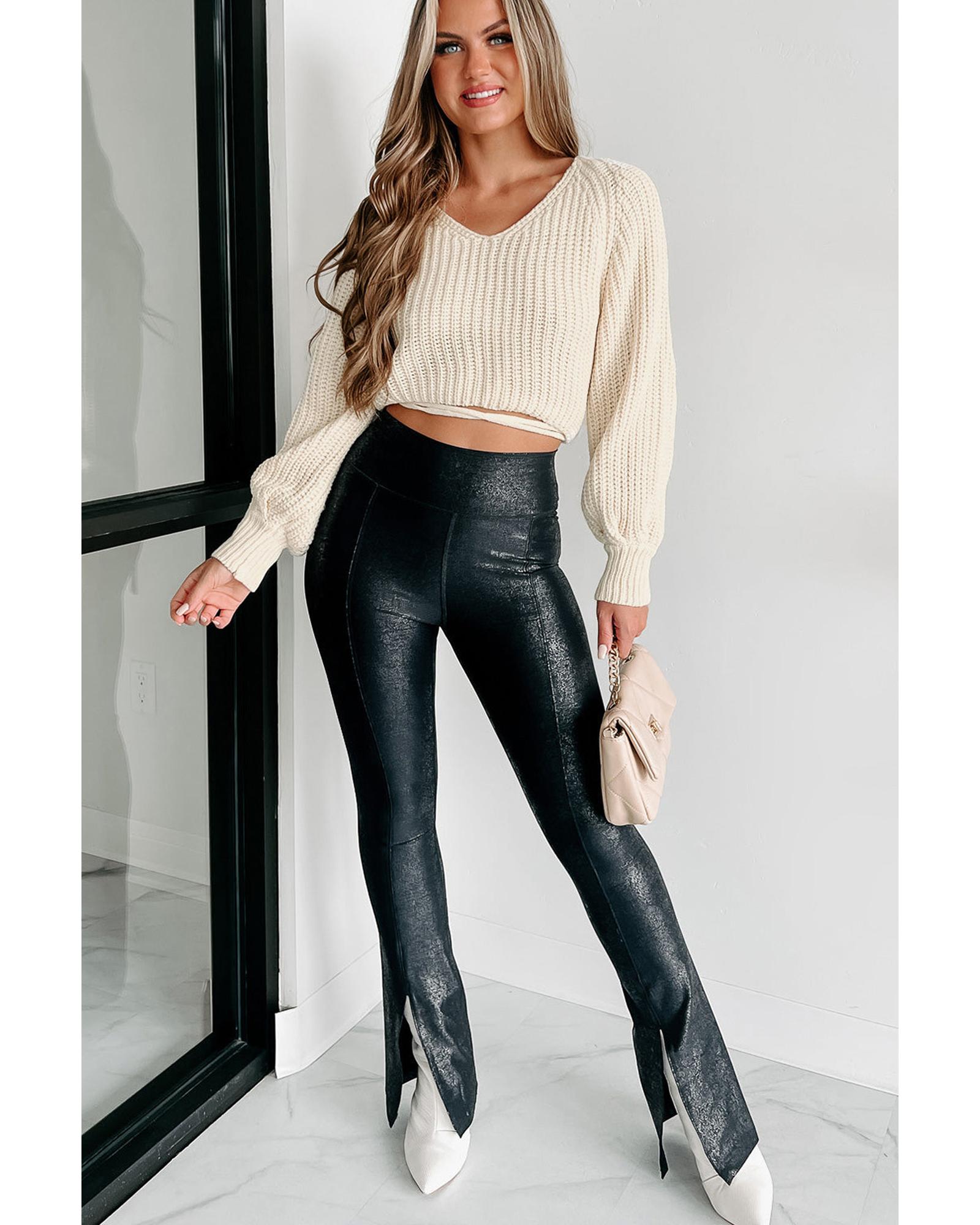 Black Faux Leather Splits High Waist Leggings - S