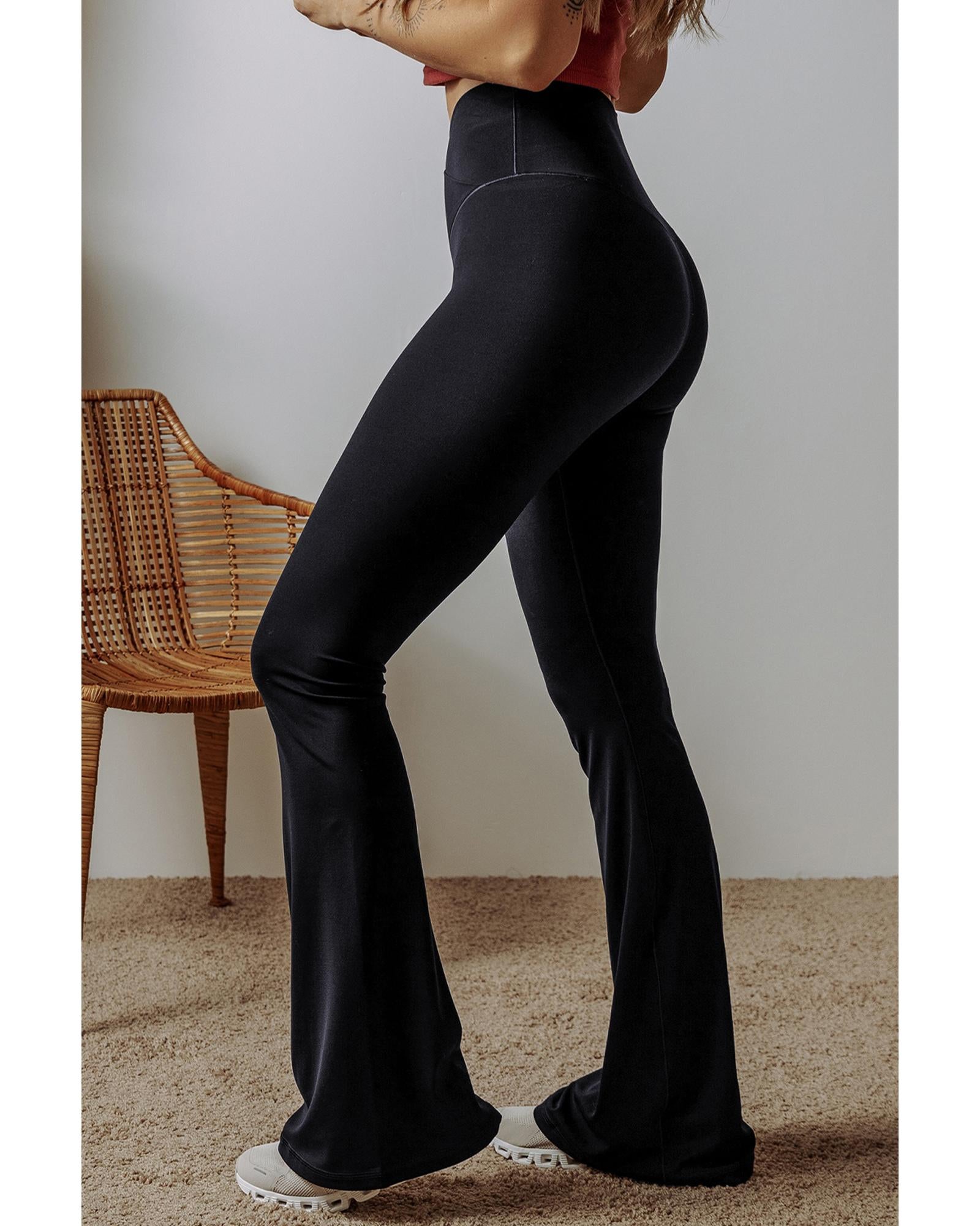 Black V Shape High Waist Flared Leggings - L