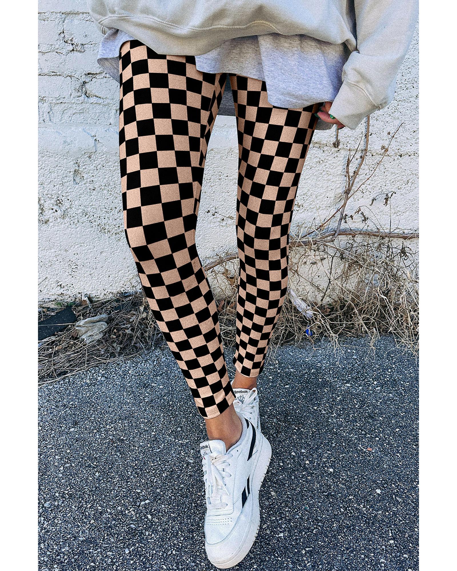 Khaki Checkered Pattern High Waist Skinny Leggings - M