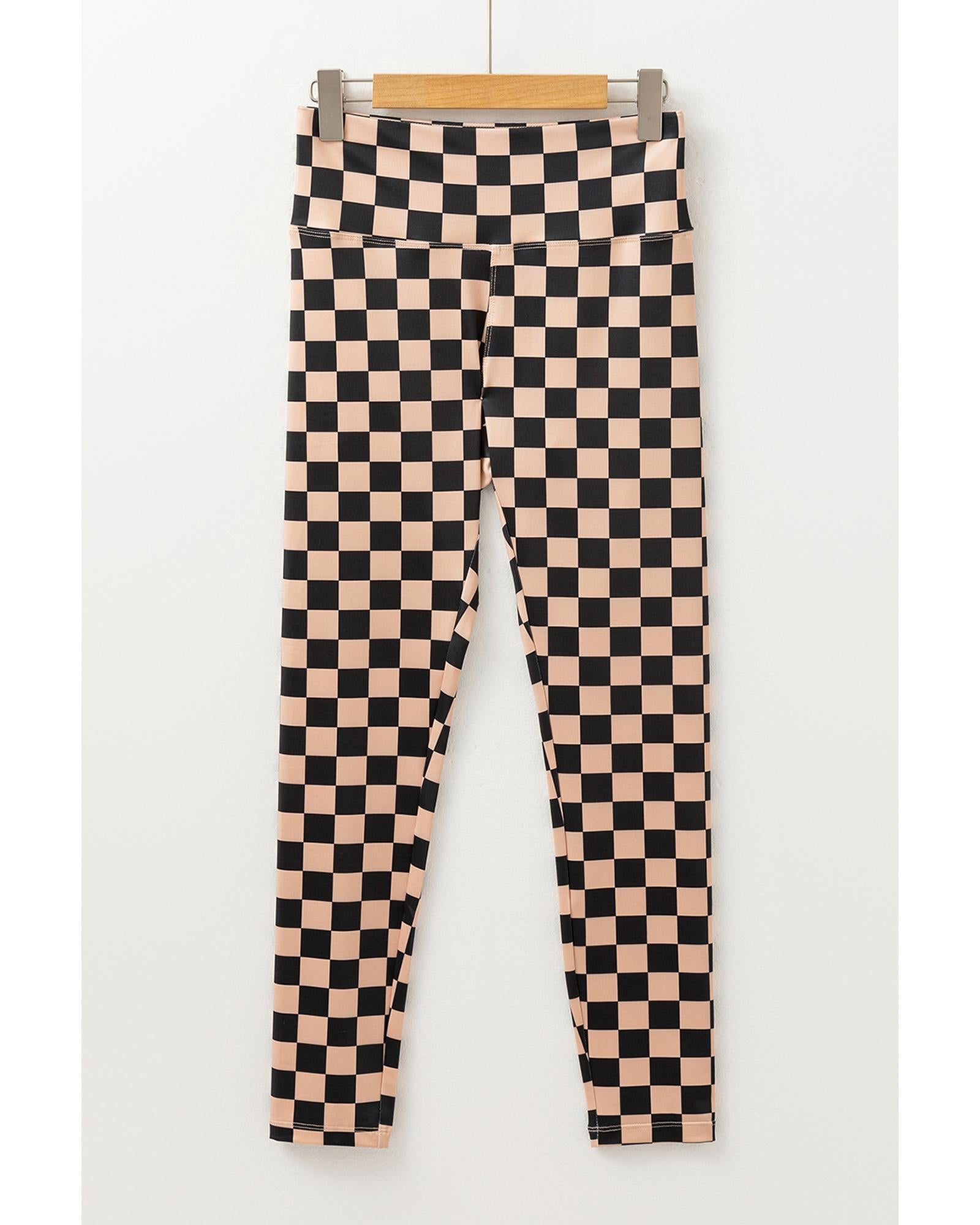 Khaki Checkered Pattern High Waist Skinny Leggings - M