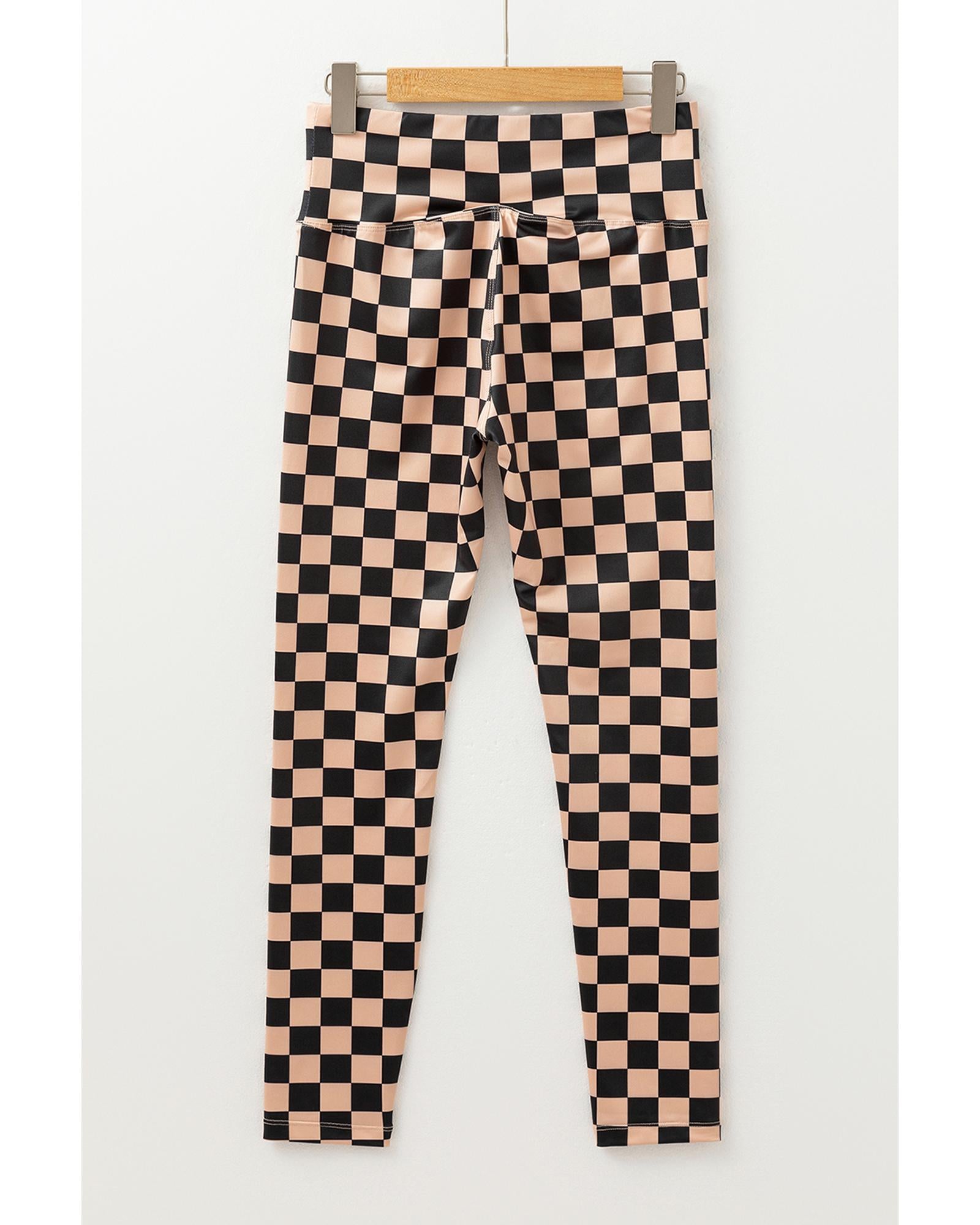 Khaki Checkered Pattern High Waist Skinny Leggings - M