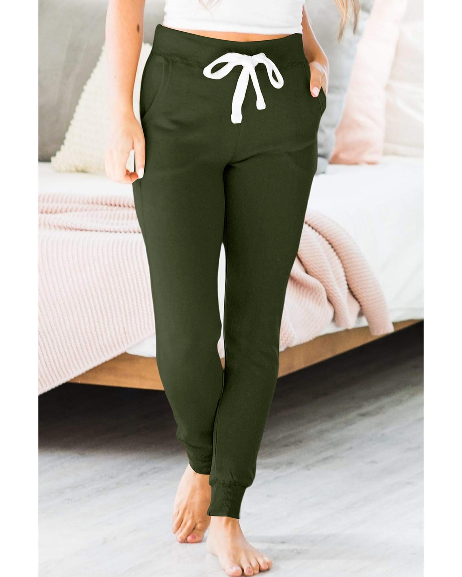 Moss Green Drawstring Waist Pocketed Joggers - L