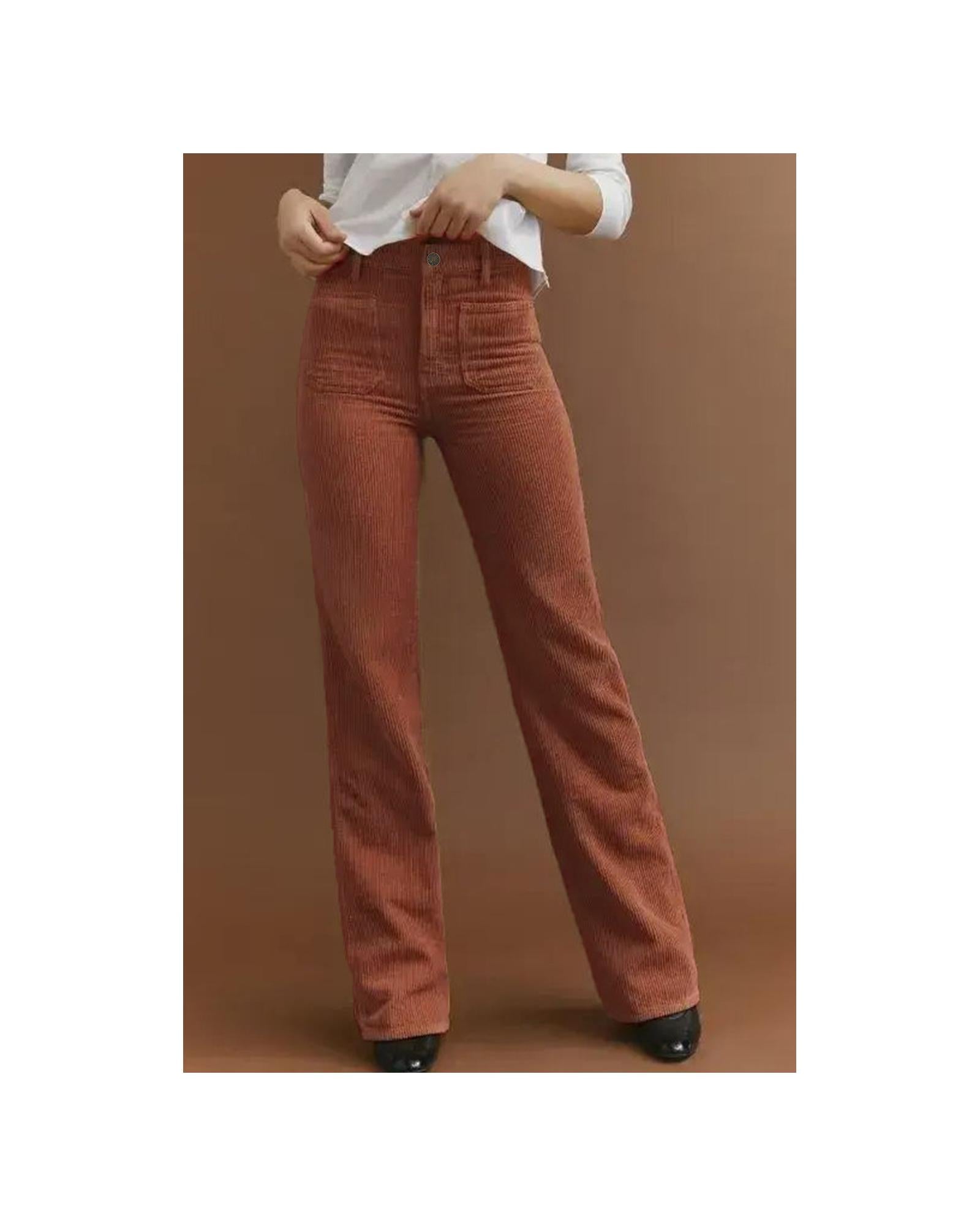 Brown High Waist Square Pockets Corduroy Pants - L