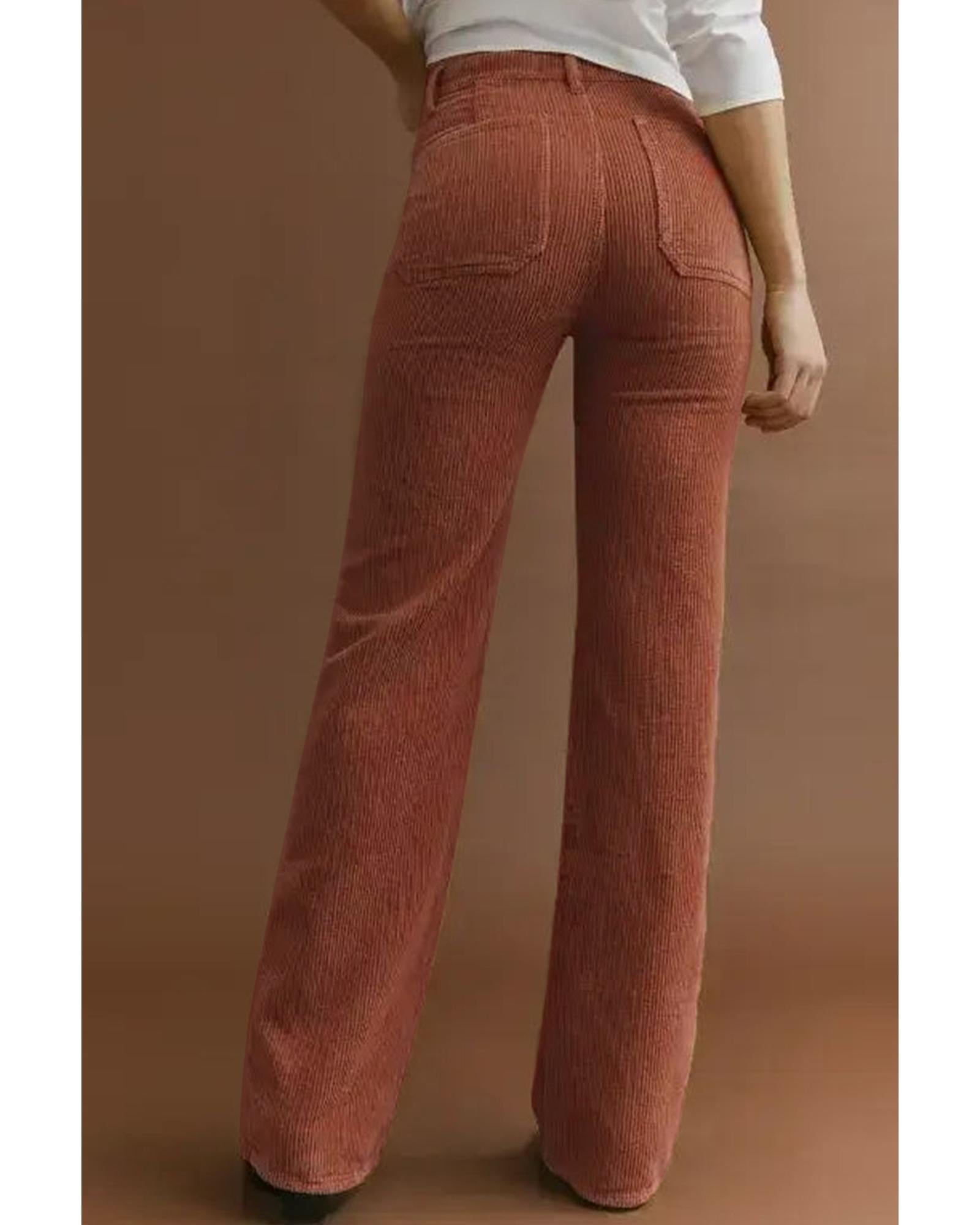 Brown High Waist Square Pockets Corduroy Pants - L